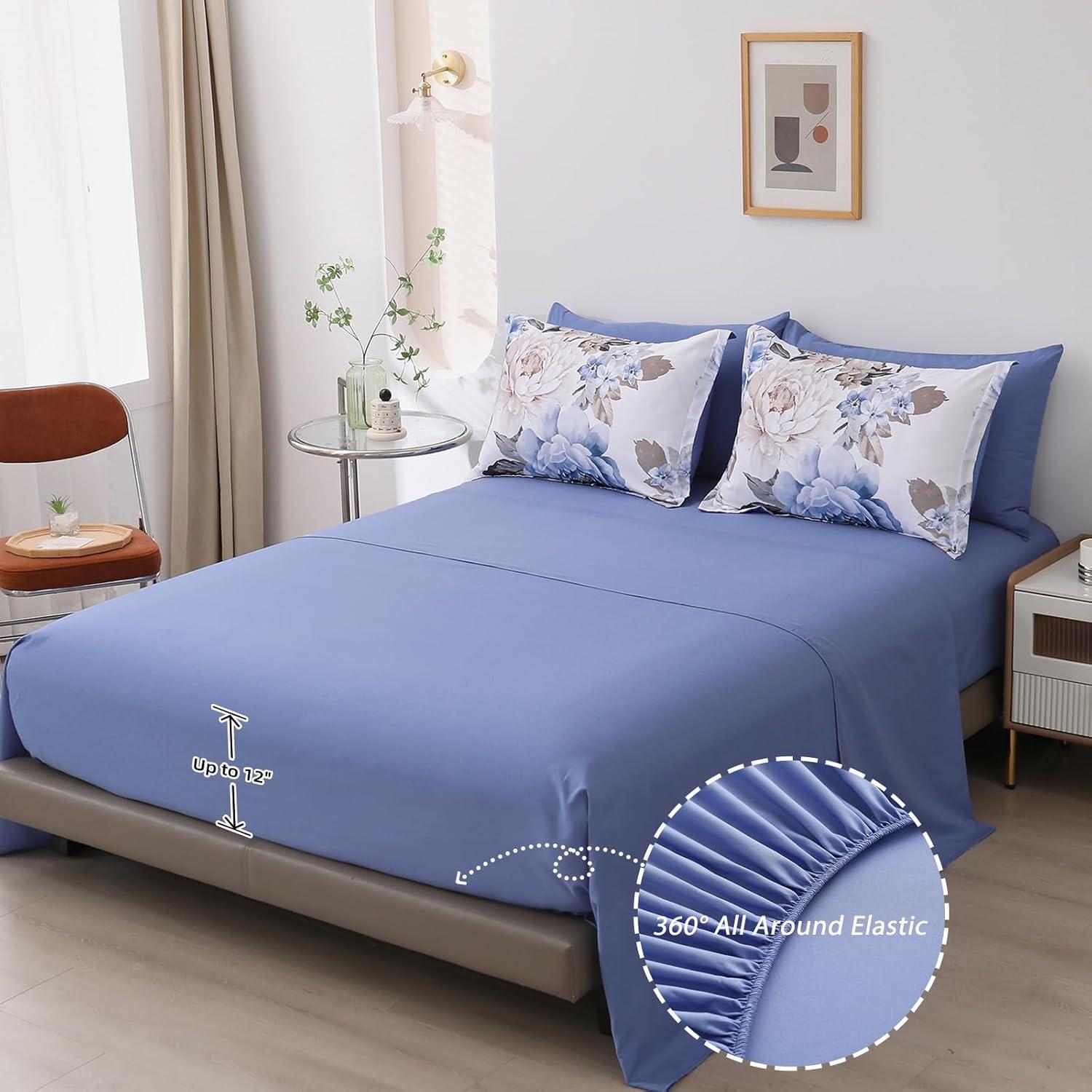 imageDintszyayue Black Comforter Set King Size 7 Pieces Pink Floral Bed in a Bag Complete Bedding Sets Elegant Flower Bed Set Comforter for All Season with Flat Sheet Fitted Sheets Pillowcases ampamp ShamsBlue