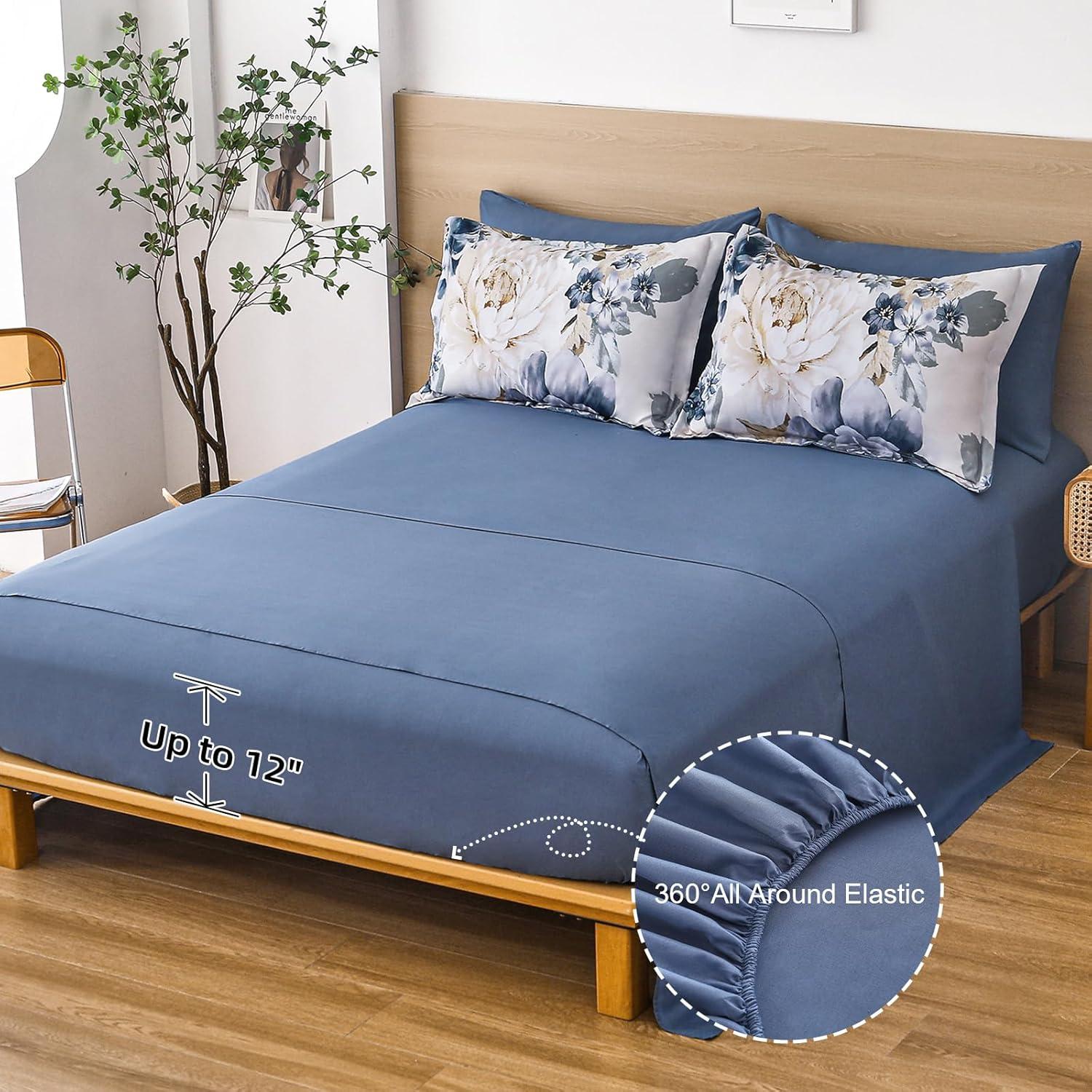 imageDintszyayue Black Comforter Set King Size 7 Pieces Pink Floral Bed in a Bag Complete Bedding Sets Elegant Flower Bed Set Comforter for All Season with Flat Sheet Fitted Sheets Pillowcases ampamp ShamsDark Blue