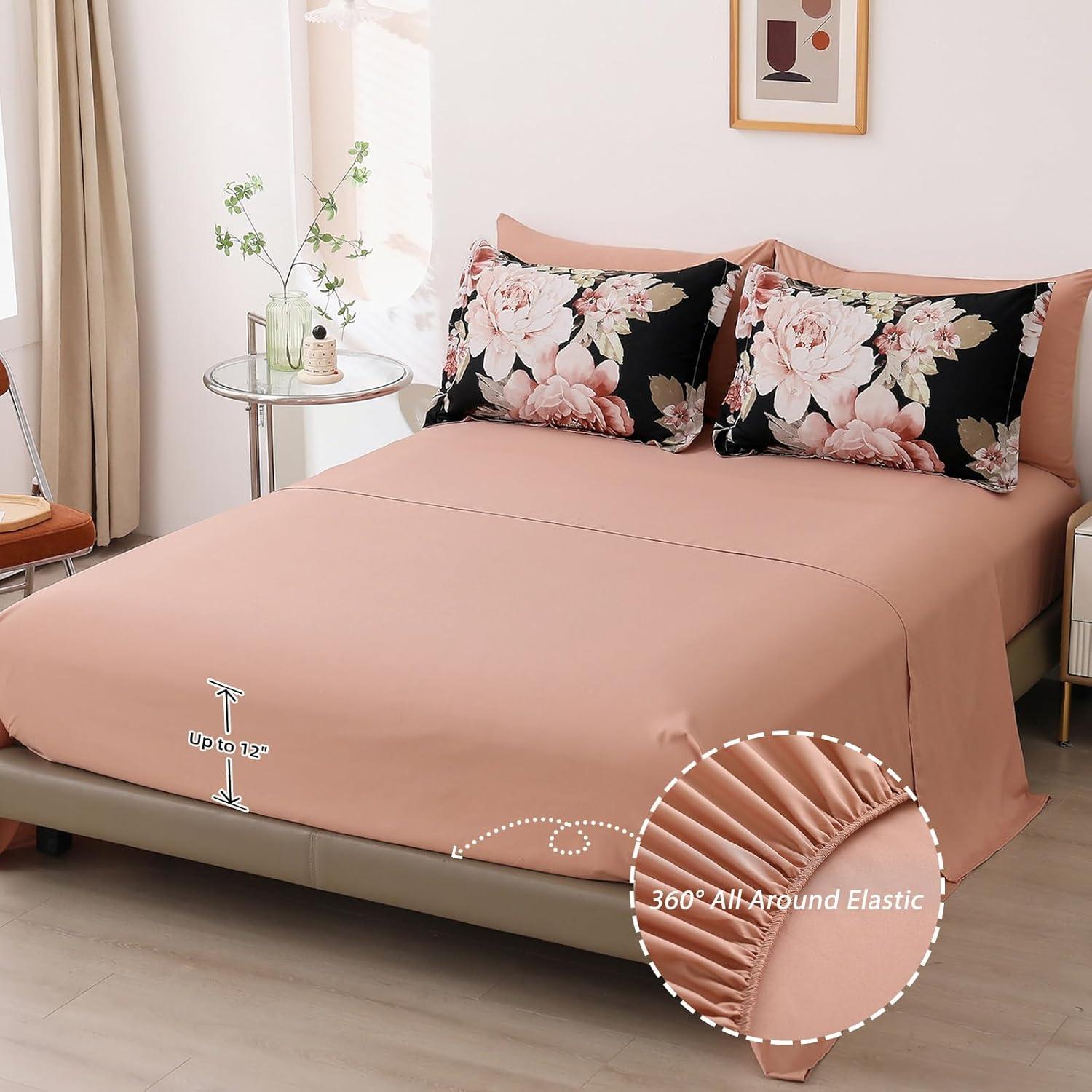 imageDintszyayue Black Comforter Set King Size 7 Pieces Pink Floral Bed in a Bag Complete Bedding Sets Elegant Flower Bed Set Comforter for All Season with Flat Sheet Fitted Sheets Pillowcases ampamp ShamsBlack