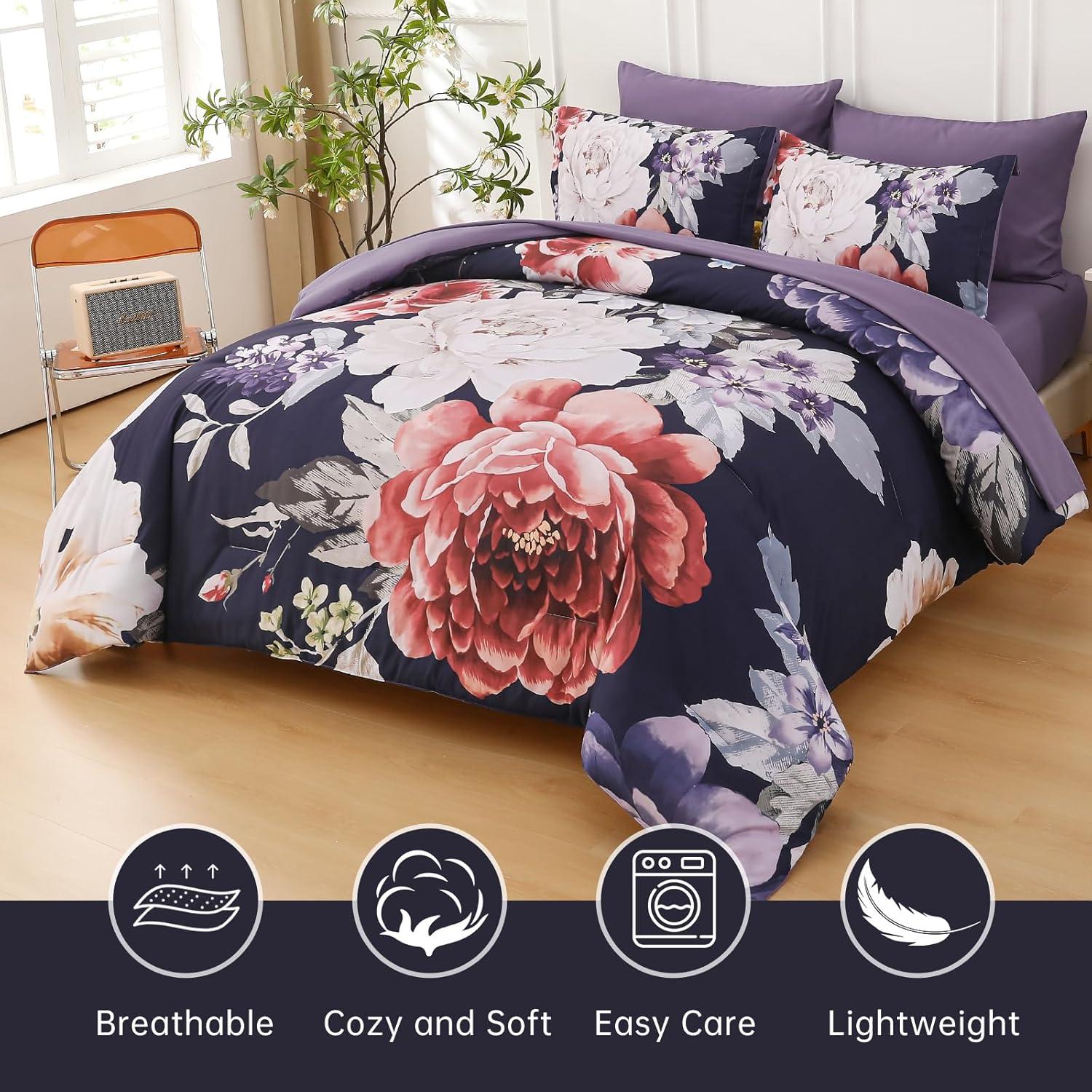 imageDintszyayue Black Comforter Set King Size 7 Pieces Pink Floral Bed in a Bag Complete Bedding Sets Elegant Flower Bed Set Comforter for All Season with Flat Sheet Fitted Sheets Pillowcases ampamp ShamsDark Purple