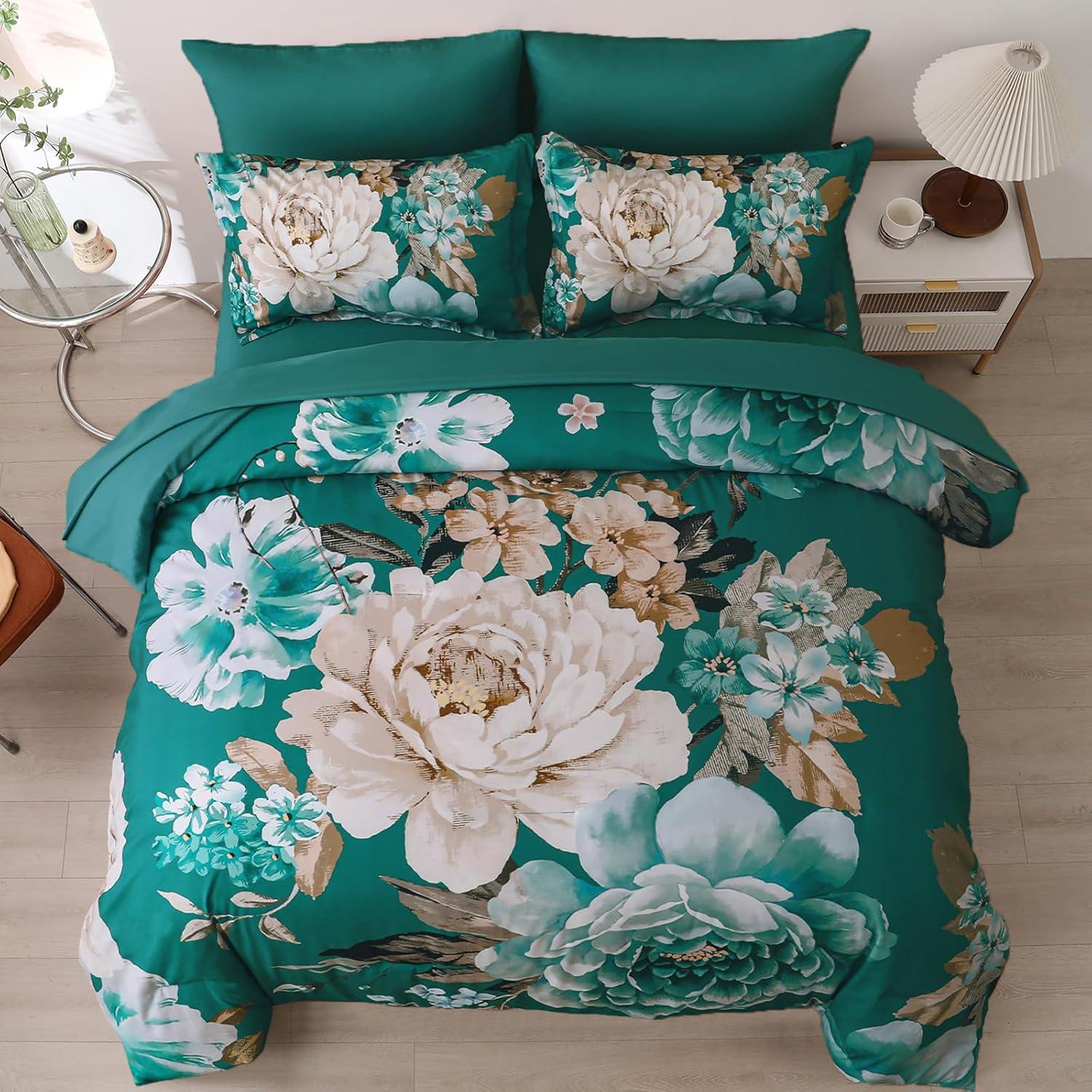 imageDintszyayue Black Comforter Set King Size 7 Pieces Pink Floral Bed in a Bag Complete Bedding Sets Elegant Flower Bed Set Comforter for All Season with Flat Sheet Fitted Sheets Pillowcases ampamp ShamsTeal