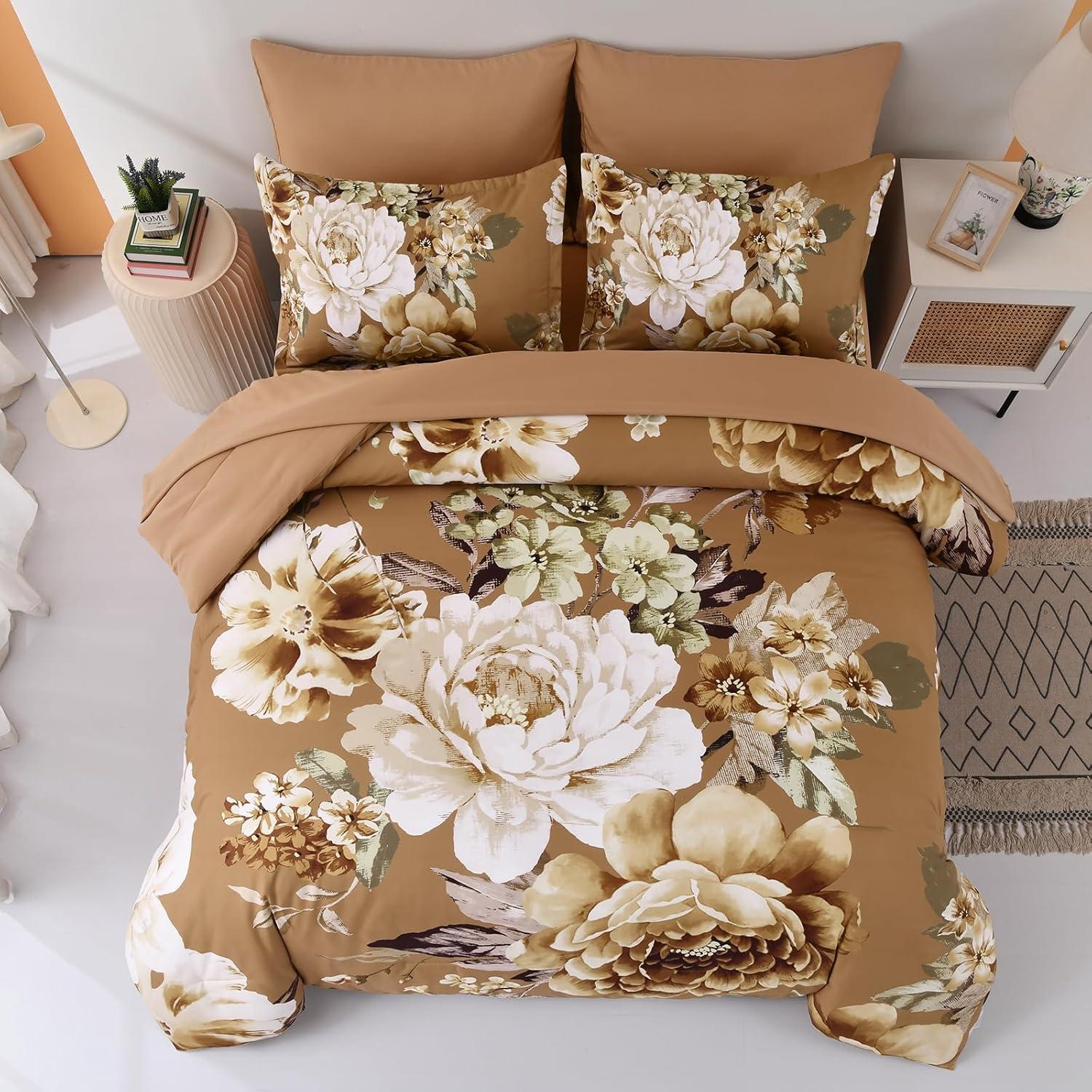imageDintszyayue Black Comforter Set King Size 7 Pieces Pink Floral Bed in a Bag Complete Bedding Sets Elegant Flower Bed Set Comforter for All Season with Flat Sheet Fitted Sheets Pillowcases ampamp ShamsBrown