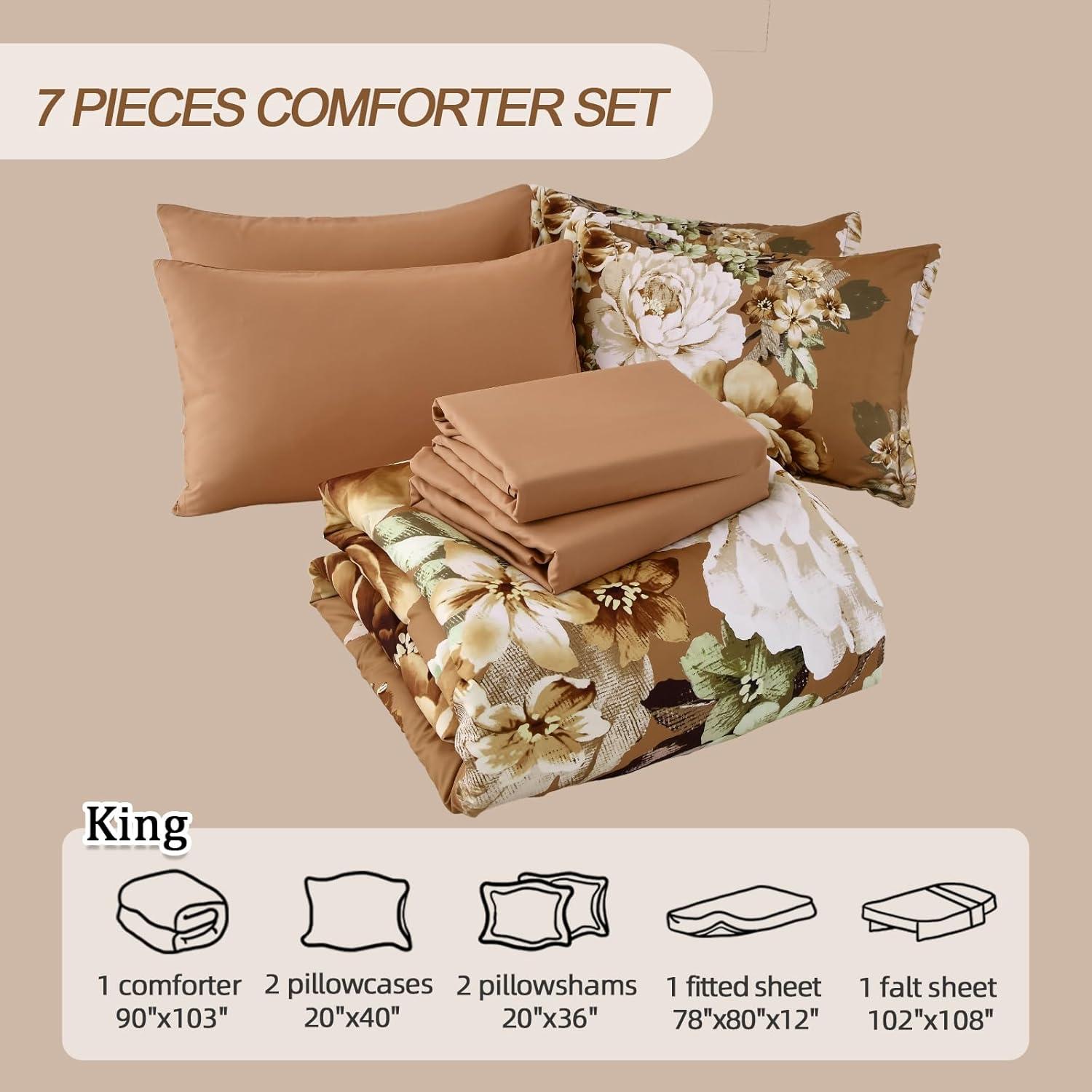 imageDintszyayue Black Comforter Set King Size 7 Pieces Pink Floral Bed in a Bag Complete Bedding Sets Elegant Flower Bed Set Comforter for All Season with Flat Sheet Fitted Sheets Pillowcases ampamp ShamsBrown