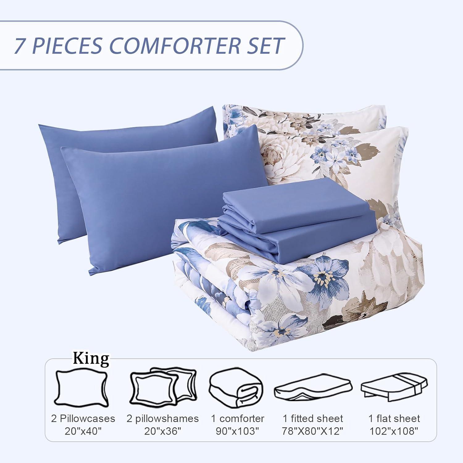 imageDintszyayue Black Comforter Set King Size 7 Pieces Pink Floral Bed in a Bag Complete Bedding Sets Elegant Flower Bed Set Comforter for All Season with Flat Sheet Fitted Sheets Pillowcases ampamp ShamsBlue