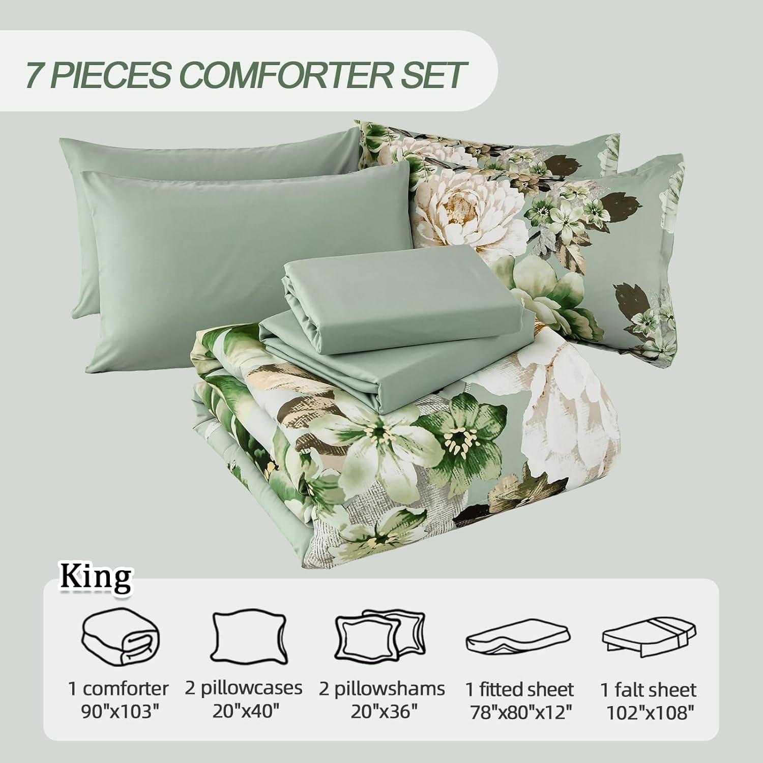 imageDintszyayue Black Comforter Set King Size 7 Pieces Pink Floral Bed in a Bag Complete Bedding Sets Elegant Flower Bed Set Comforter for All Season with Flat Sheet Fitted Sheets Pillowcases ampamp ShamsGreen