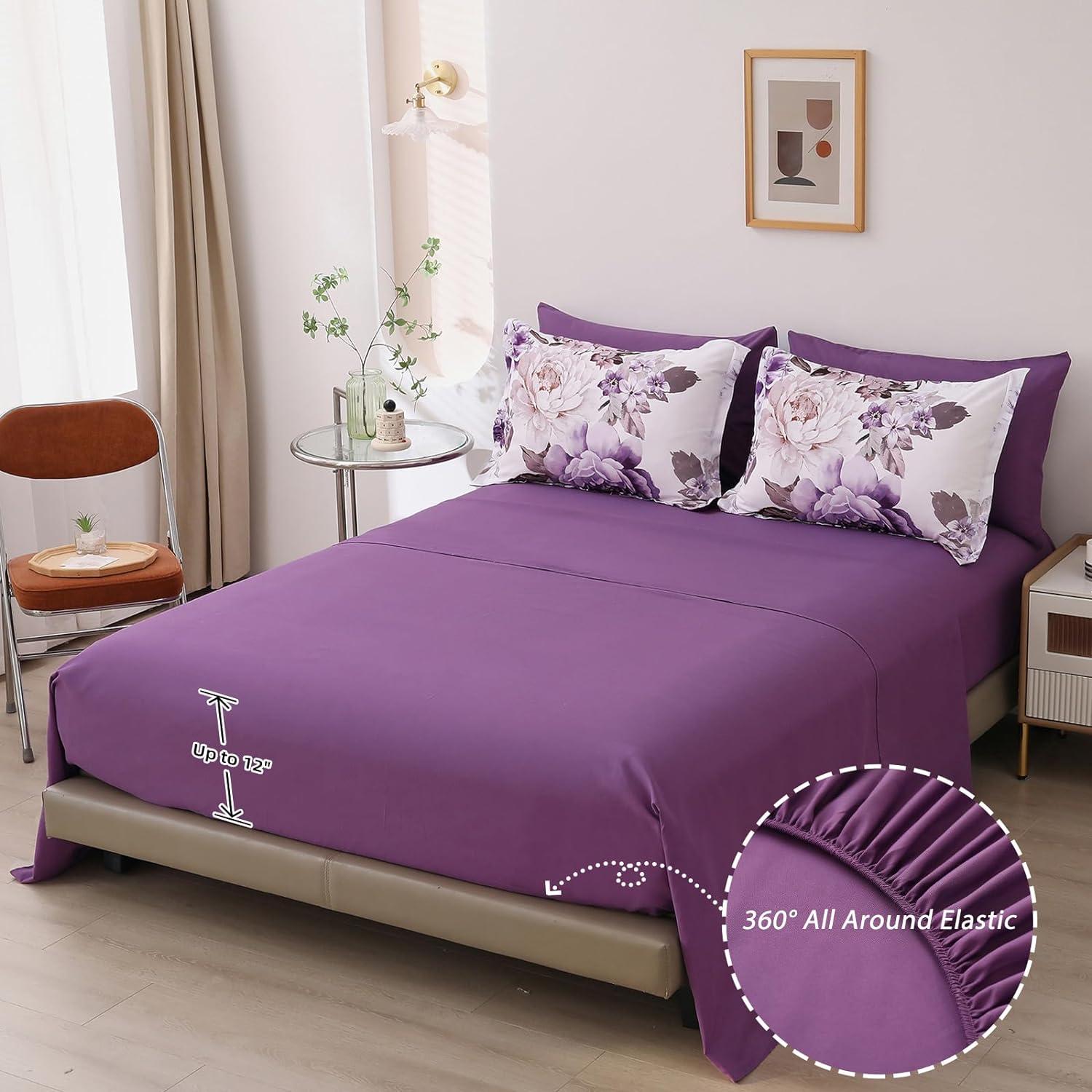 imageDintszyayue Black Comforter Set King Size 7 Pieces Pink Floral Bed in a Bag Complete Bedding Sets Elegant Flower Bed Set Comforter for All Season with Flat Sheet Fitted Sheets Pillowcases ampamp ShamsPurple