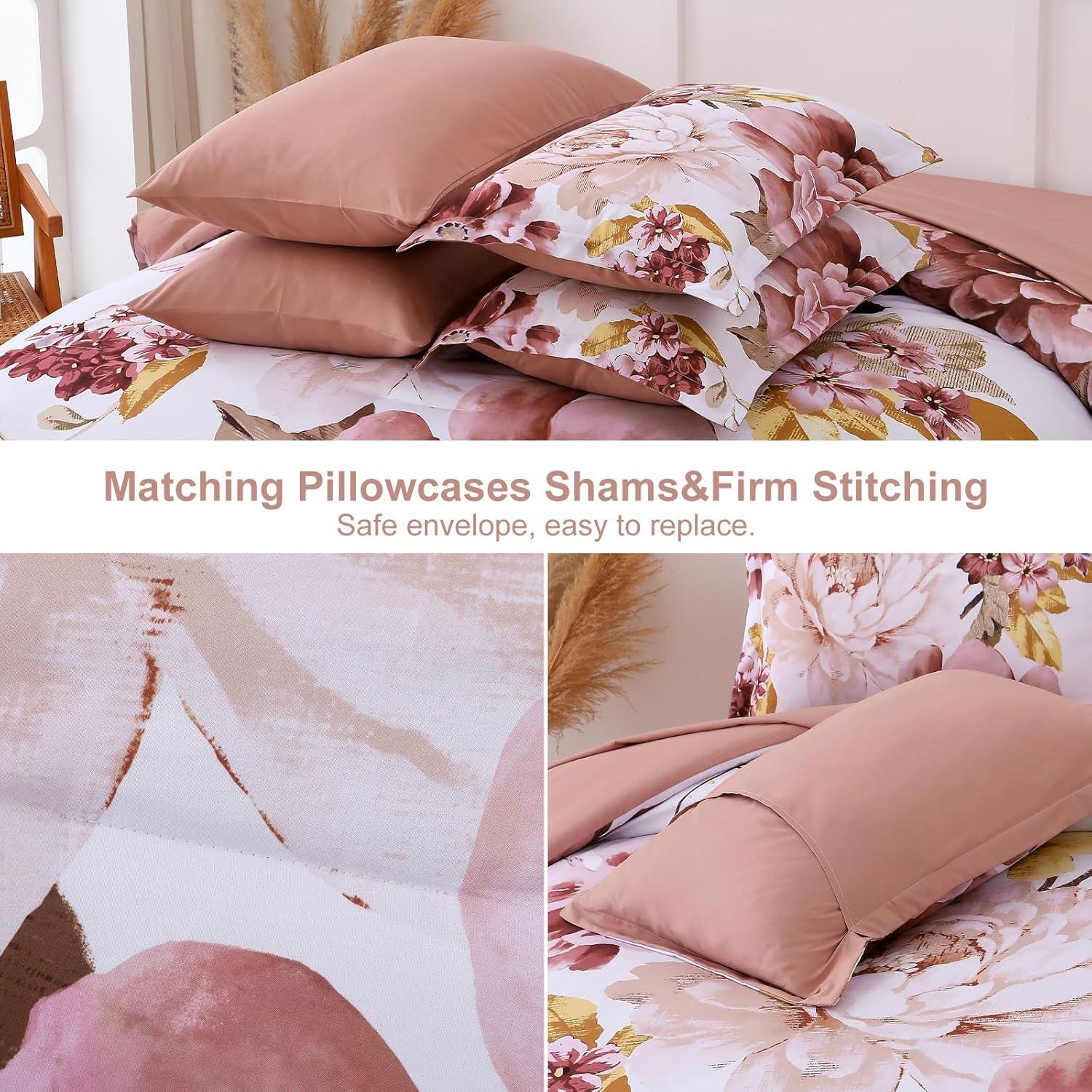 imageDintszyayue Black Comforter Set King Size 7 Pieces Pink Floral Bed in a Bag Complete Bedding Sets Elegant Flower Bed Set Comforter for All Season with Flat Sheet Fitted Sheets Pillowcases ampamp ShamsBlush