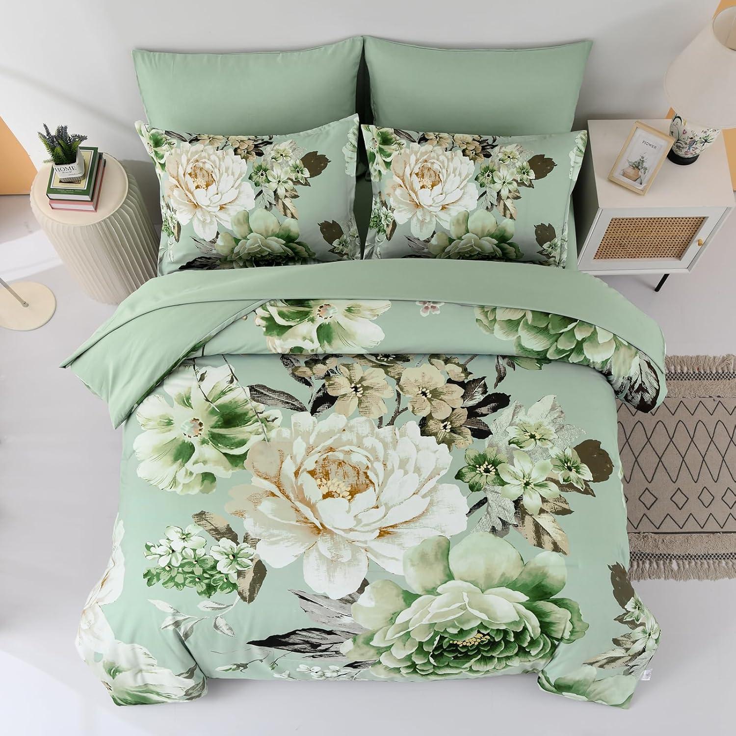imageDintszyayue Black Comforter Set King Size 7 Pieces Pink Floral Bed in a Bag Complete Bedding Sets Elegant Flower Bed Set Comforter for All Season with Flat Sheet Fitted Sheets Pillowcases ampamp ShamsGreen