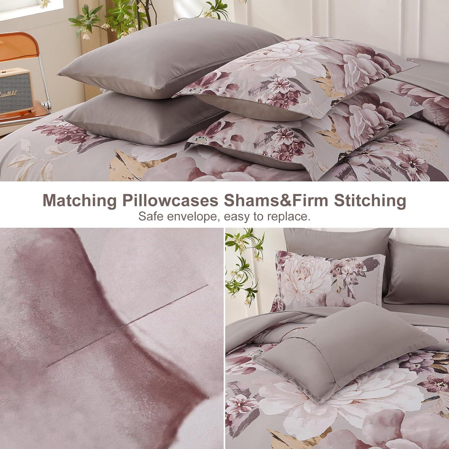 imageDintszyayue Black Comforter Set King Size 7 Pieces Pink Floral Bed in a Bag Complete Bedding Sets Elegant Flower Bed Set Comforter for All Season with Flat Sheet Fitted Sheets Pillowcases ampamp ShamsTaupe