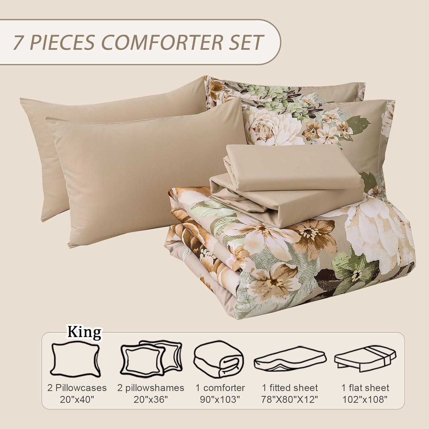imageDintszyayue Black Comforter Set King Size 7 Pieces Pink Floral Bed in a Bag Complete Bedding Sets Elegant Flower Bed Set Comforter for All Season with Flat Sheet Fitted Sheets Pillowcases ampamp ShamsKhaki