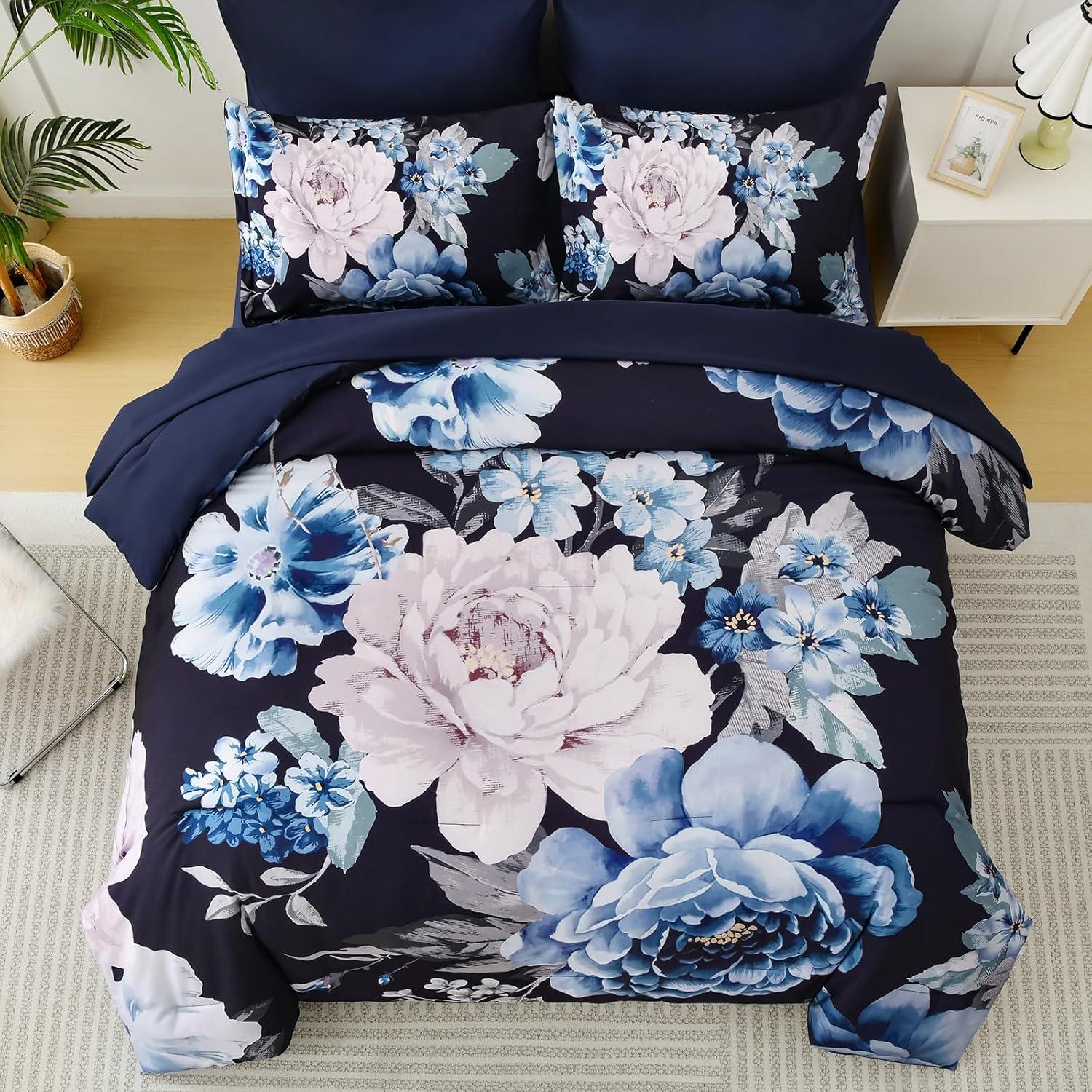 imageDintszyayue Black Comforter Set King Size 7 Pieces Pink Floral Bed in a Bag Complete Bedding Sets Elegant Flower Bed Set Comforter for All Season with Flat Sheet Fitted Sheets Pillowcases ampamp ShamsNavy Blue