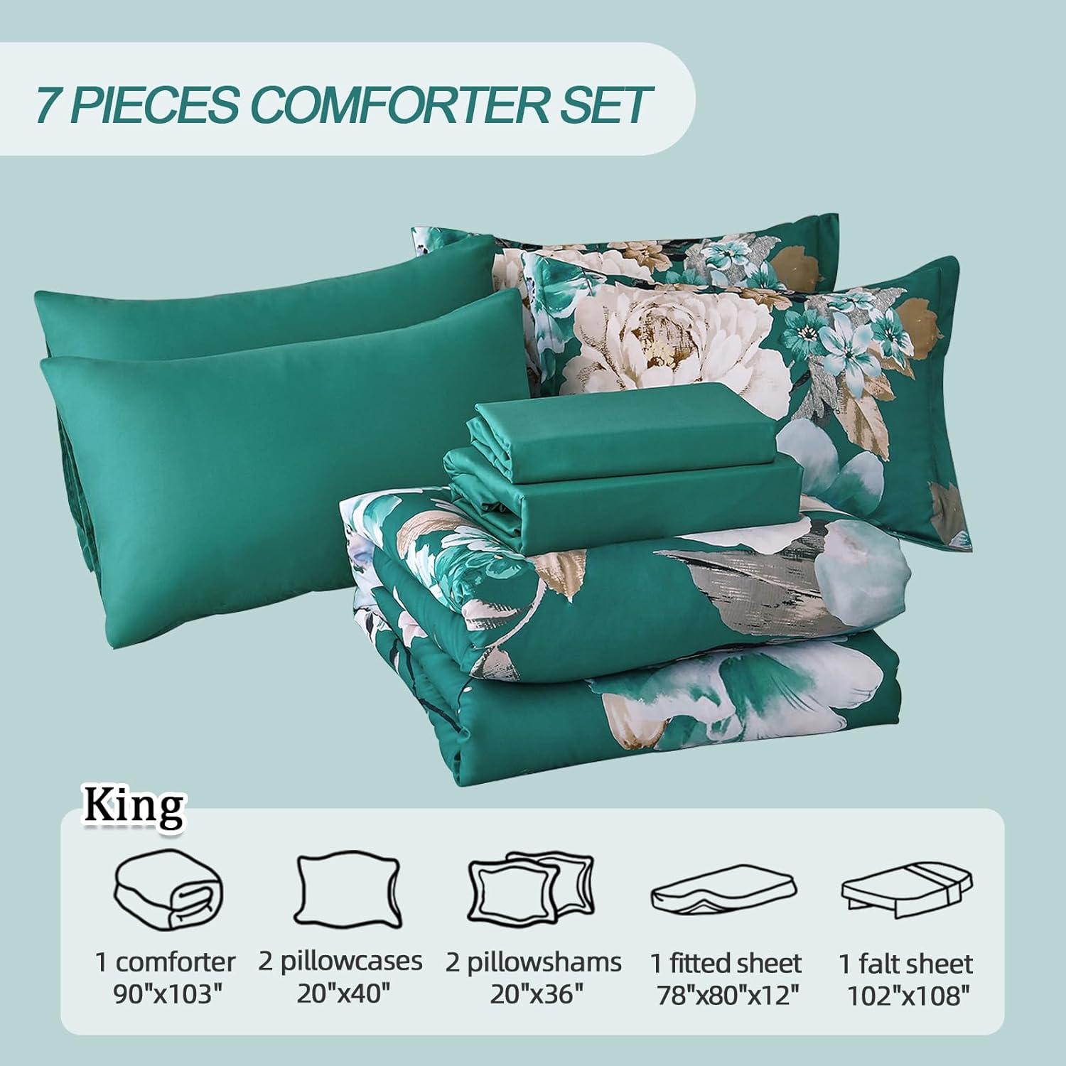 imageDintszyayue Black Comforter Set King Size 7 Pieces Pink Floral Bed in a Bag Complete Bedding Sets Elegant Flower Bed Set Comforter for All Season with Flat Sheet Fitted Sheets Pillowcases ampamp ShamsTeal