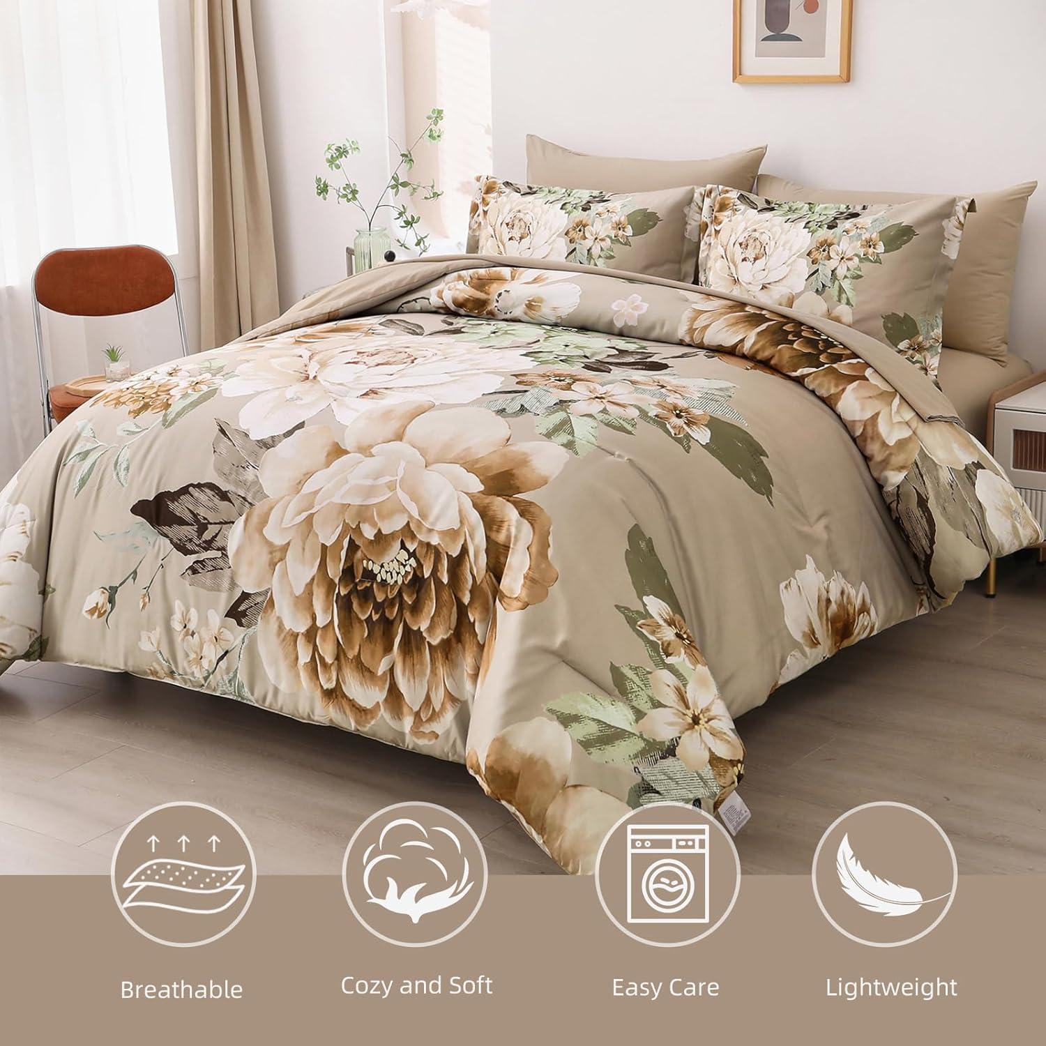 imageDintszyayue Black Comforter Set King Size 7 Pieces Pink Floral Bed in a Bag Complete Bedding Sets Elegant Flower Bed Set Comforter for All Season with Flat Sheet Fitted Sheets Pillowcases ampamp ShamsKhaki