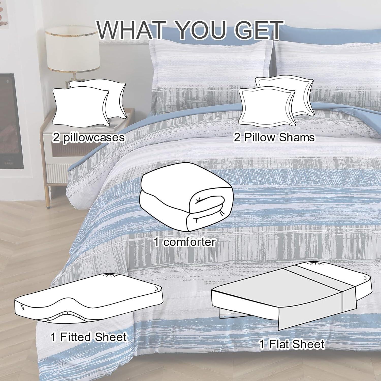 imageDintszyayue Blue King Size Stripe Gradient Comforter Set 7 Pieces Bed in a Bag Bohemian Patchwork Bedding Set with SheetsPillowcases ampamp Shams Reversible Soft Microfiber Comforter