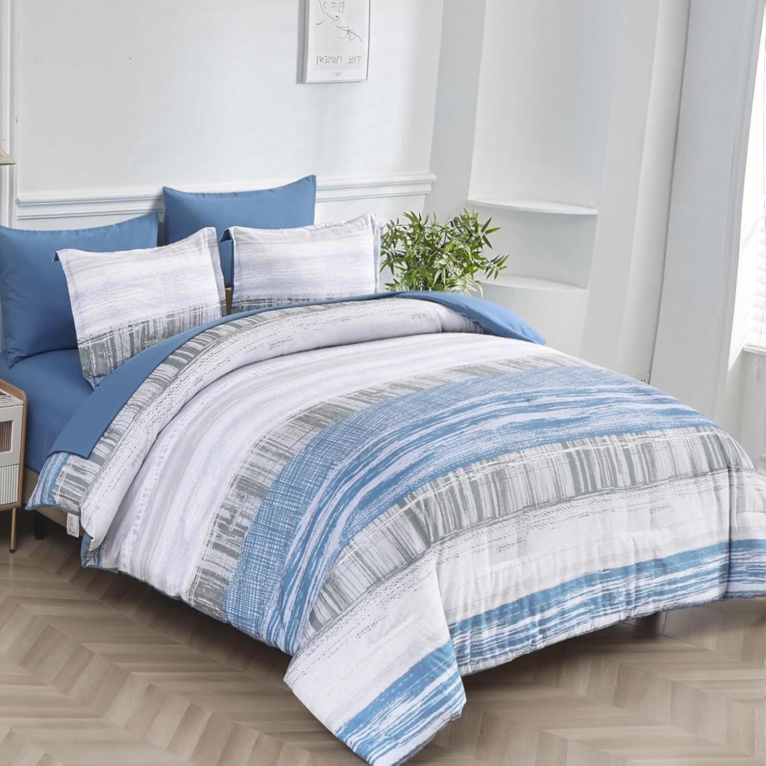 imageDintszyayue Blue King Size Stripe Gradient Comforter Set 7 Pieces Bed in a Bag Bohemian Patchwork Bedding Set with SheetsPillowcases ampamp Shams Reversible Soft Microfiber Comforter