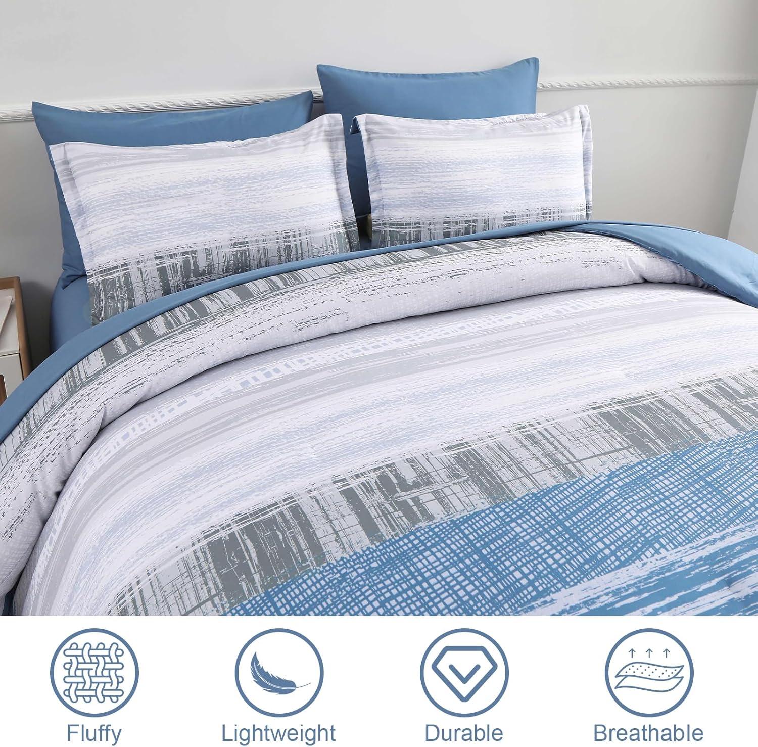 imageDintszyayue Blue King Size Stripe Gradient Comforter Set 7 Pieces Bed in a Bag Bohemian Patchwork Bedding Set with SheetsPillowcases ampamp Shams Reversible Soft Microfiber Comforter