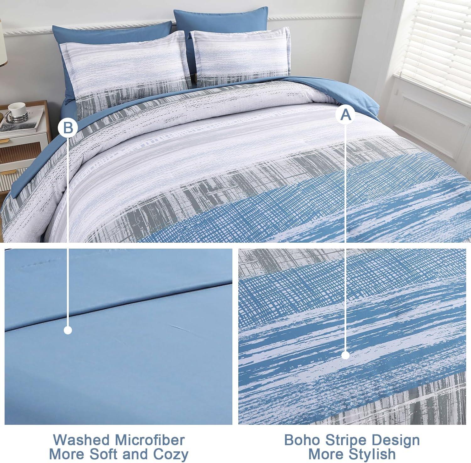 imageDintszyayue Blue King Size Stripe Gradient Comforter Set 7 Pieces Bed in a Bag Bohemian Patchwork Bedding Set with SheetsPillowcases ampamp Shams Reversible Soft Microfiber Comforter