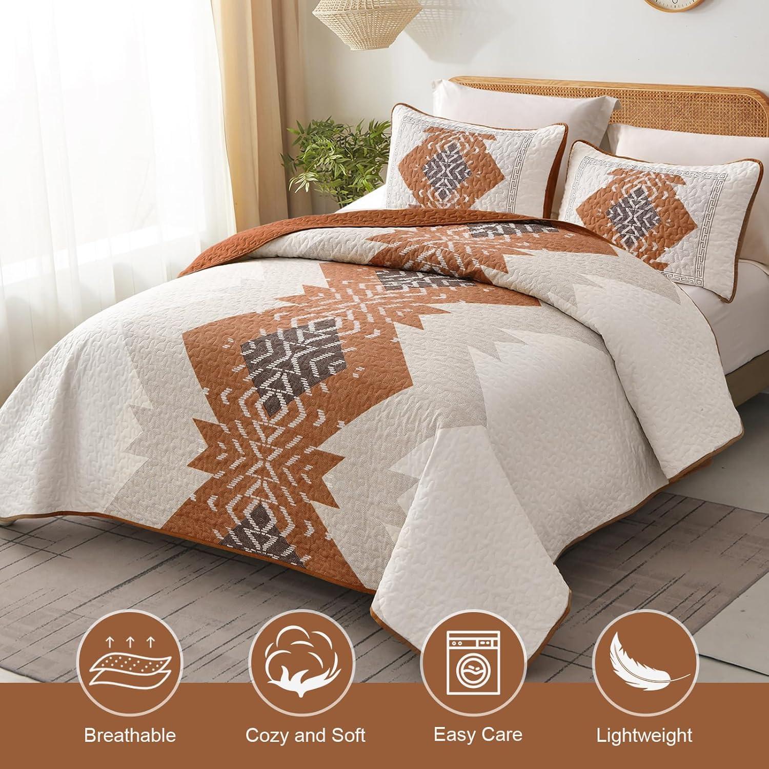imageDintszyayue Boho Quilt Set King Size 3 Pieces Aztec Texture Bedspread Coverlet Set Bohemian Quilt Bedding Set Microfiber Lightweight Bed Cover for All Seasons Terracotta 90quot103quotTerracotta