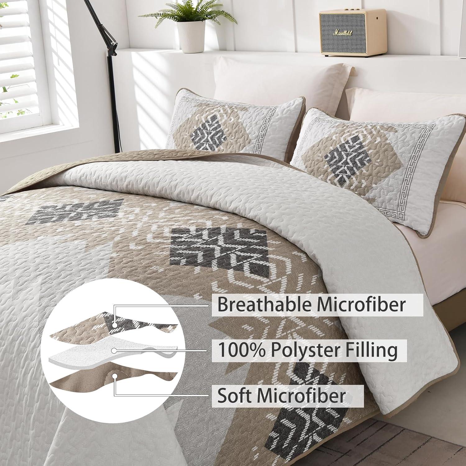 imageDintszyayue Boho Quilt Set King Size 3 Pieces Aztec Texture Bedspread Coverlet Set Bohemian Quilt Bedding Set Microfiber Lightweight Bed Cover for All Seasons Terracotta 90quot103quotKhaki Brown