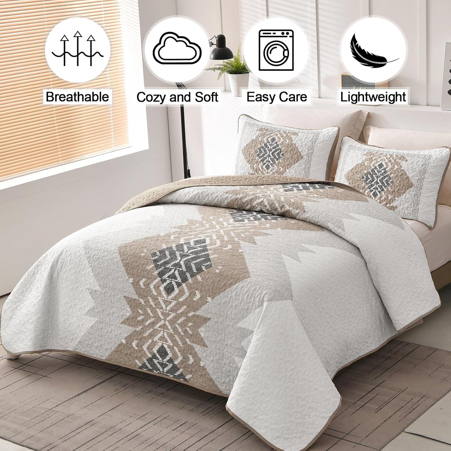 imageDintszyayue Boho Quilt Set King Size 3 Pieces Aztec Texture Bedspread Coverlet Set Bohemian Quilt Bedding Set Microfiber Lightweight Bed Cover for All Seasons Terracotta 90quot103quotKhaki Brown