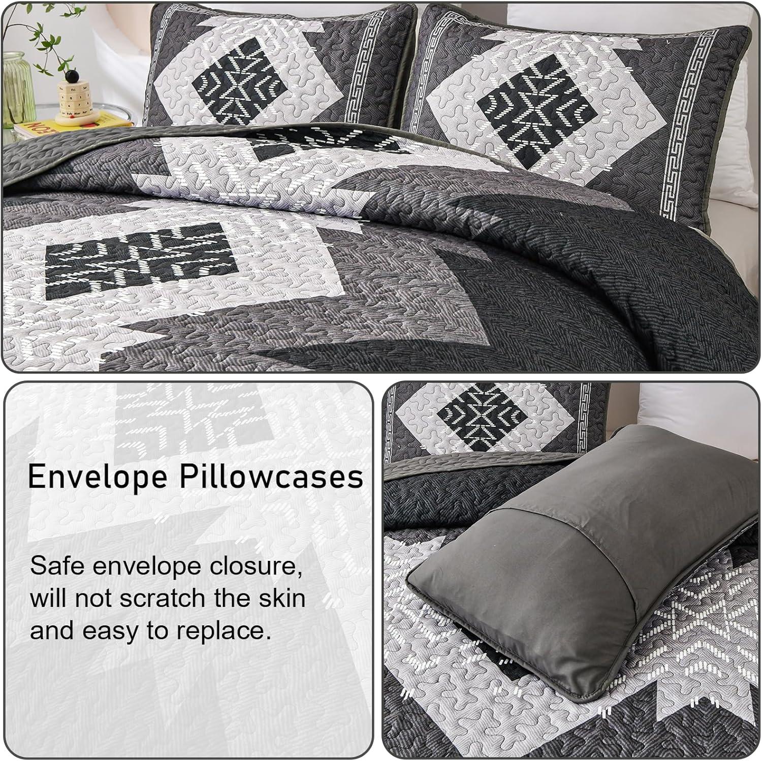 imageDintszyayue Boho Quilt Set King Size 3 Pieces Aztec Texture Bedspread Coverlet Set Bohemian Quilt Bedding Set Microfiber Lightweight Bed Cover for All Seasons Terracotta 90quot103quotBlack Grey