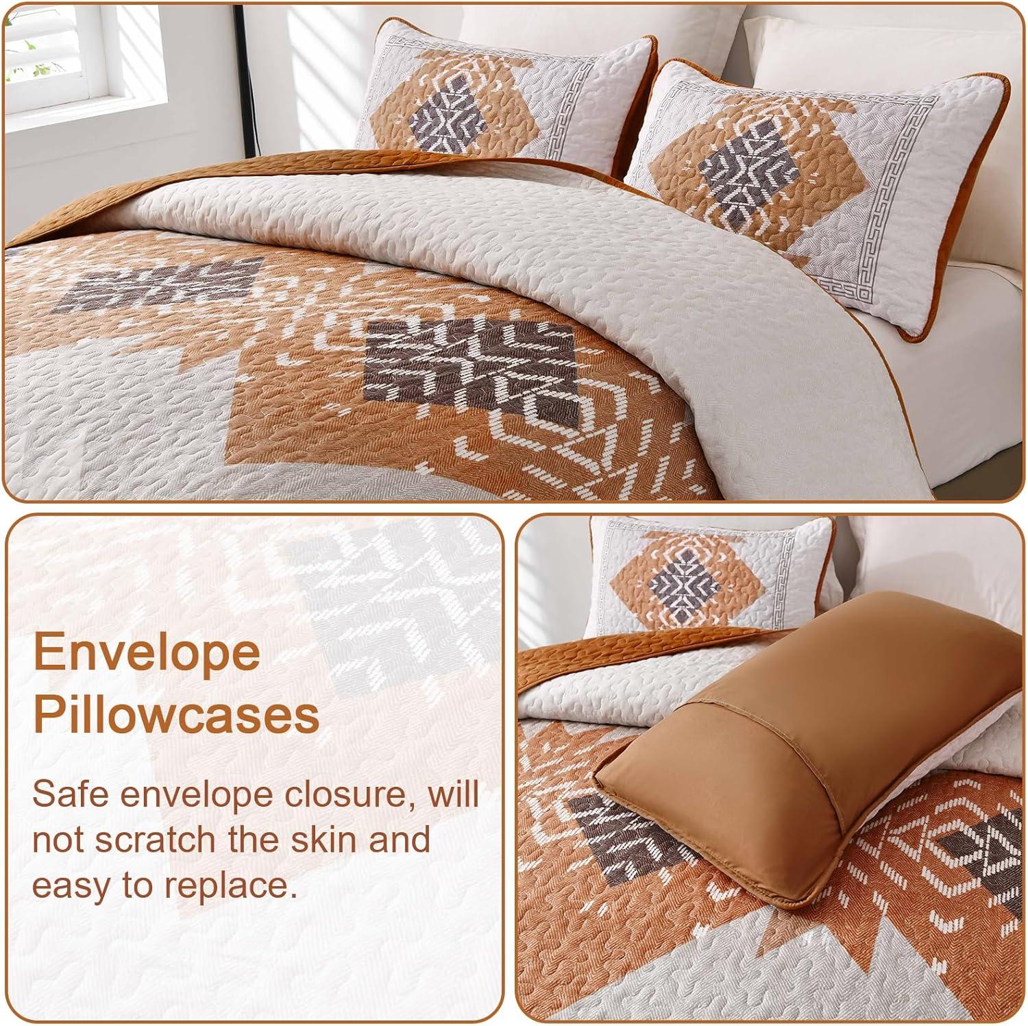 imageDintszyayue Boho Quilt Set King Size 3 Pieces Aztec Texture Bedspread Coverlet Set Bohemian Quilt Bedding Set Microfiber Lightweight Bed Cover for All Seasons Terracotta 90quot103quotTerracotta