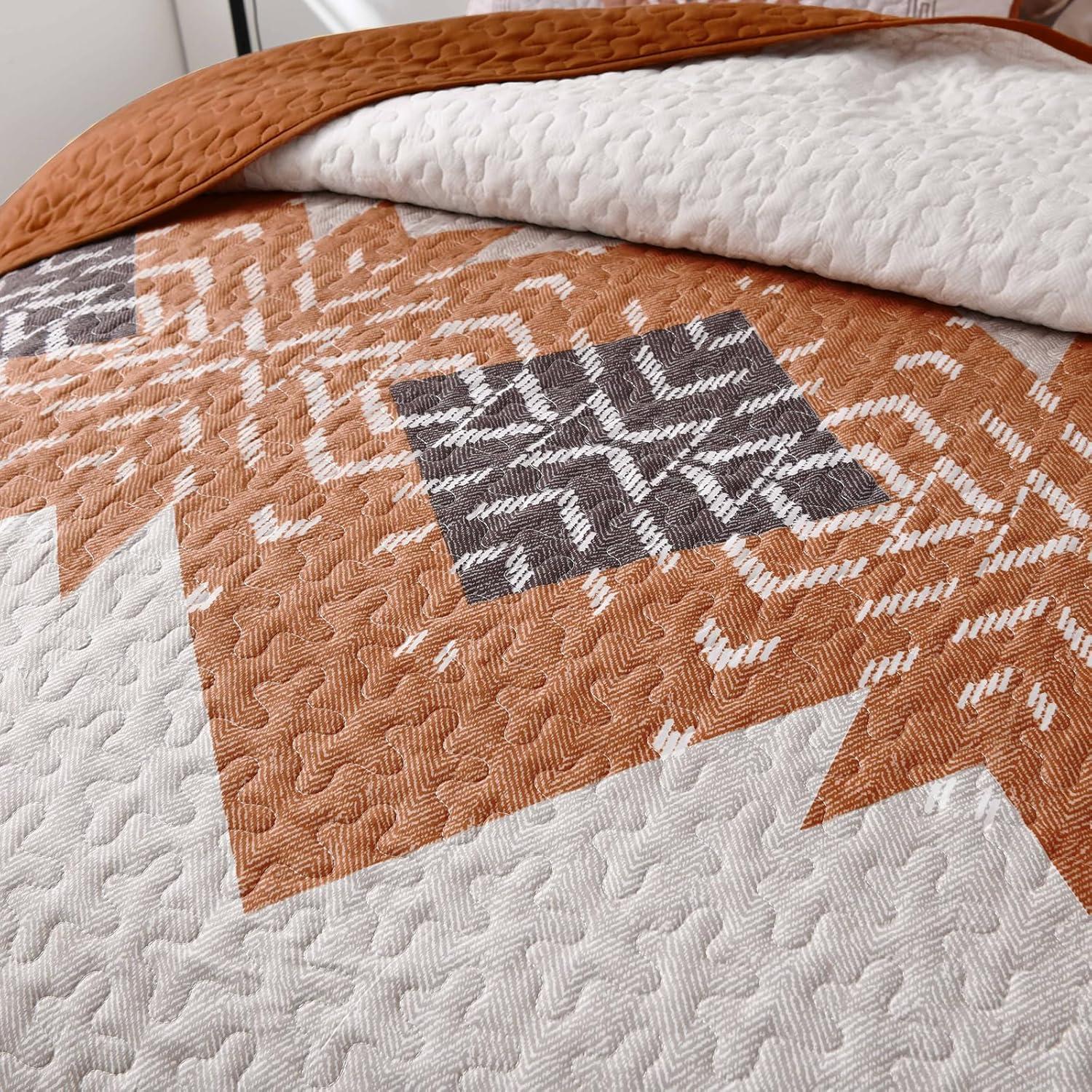 imageDintszyayue Boho Quilt Set King Size 3 Pieces Aztec Texture Bedspread Coverlet Set Bohemian Quilt Bedding Set Microfiber Lightweight Bed Cover for All Seasons Terracotta 90quot103quotTerracotta