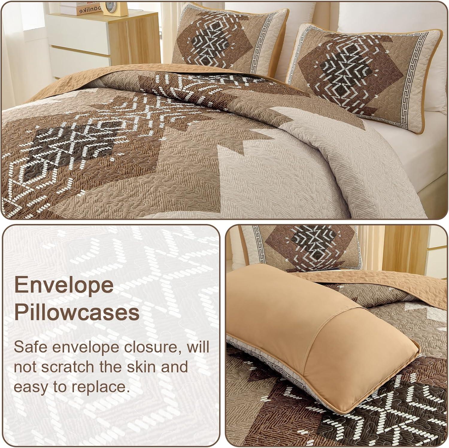 imageDintszyayue Boho Quilt Set King Size 3 Pieces Aztec Texture Bedspread Coverlet Set Bohemian Quilt Bedding Set Microfiber Lightweight Bed Cover for All Seasons Terracotta 90quot103quotBrown