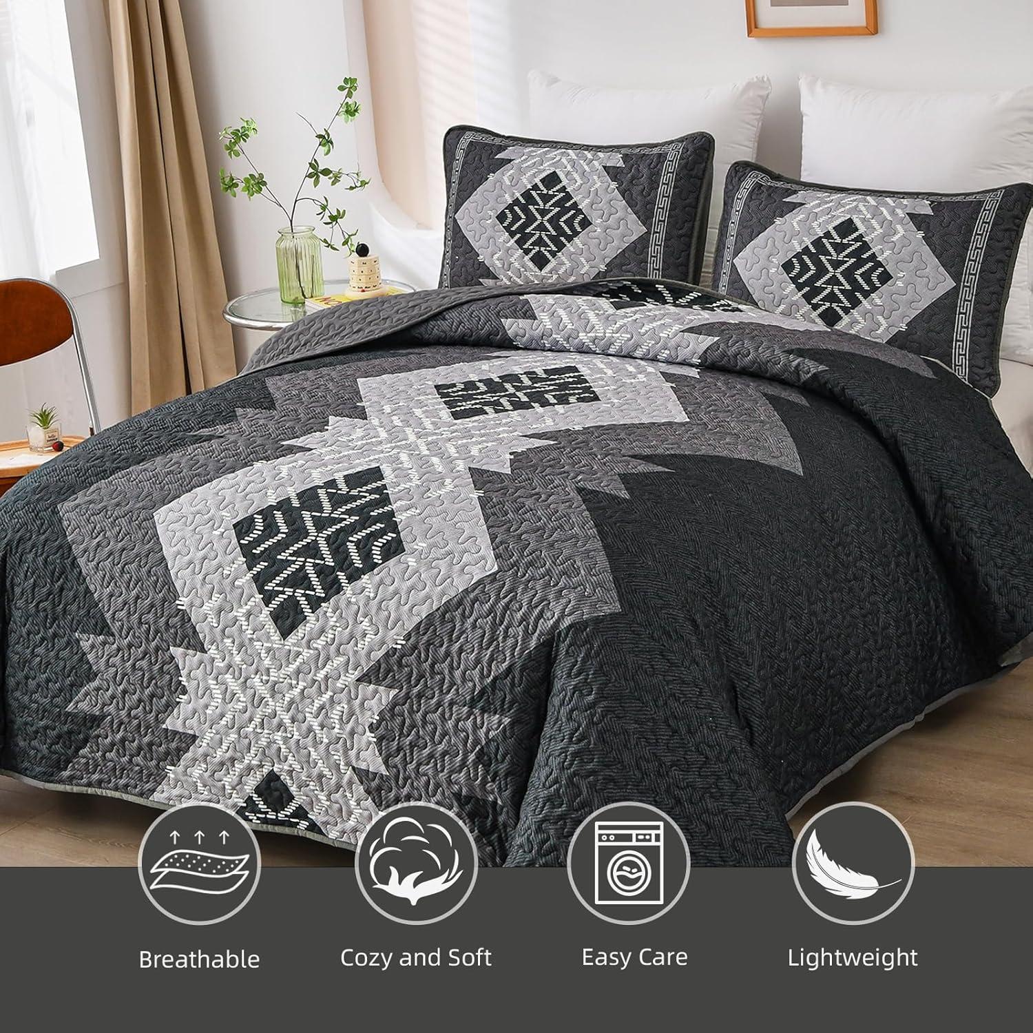imageDintszyayue Boho Quilt Set King Size 3 Pieces Aztec Texture Bedspread Coverlet Set Bohemian Quilt Bedding Set Microfiber Lightweight Bed Cover for All Seasons Terracotta 90quot103quotBlack Grey