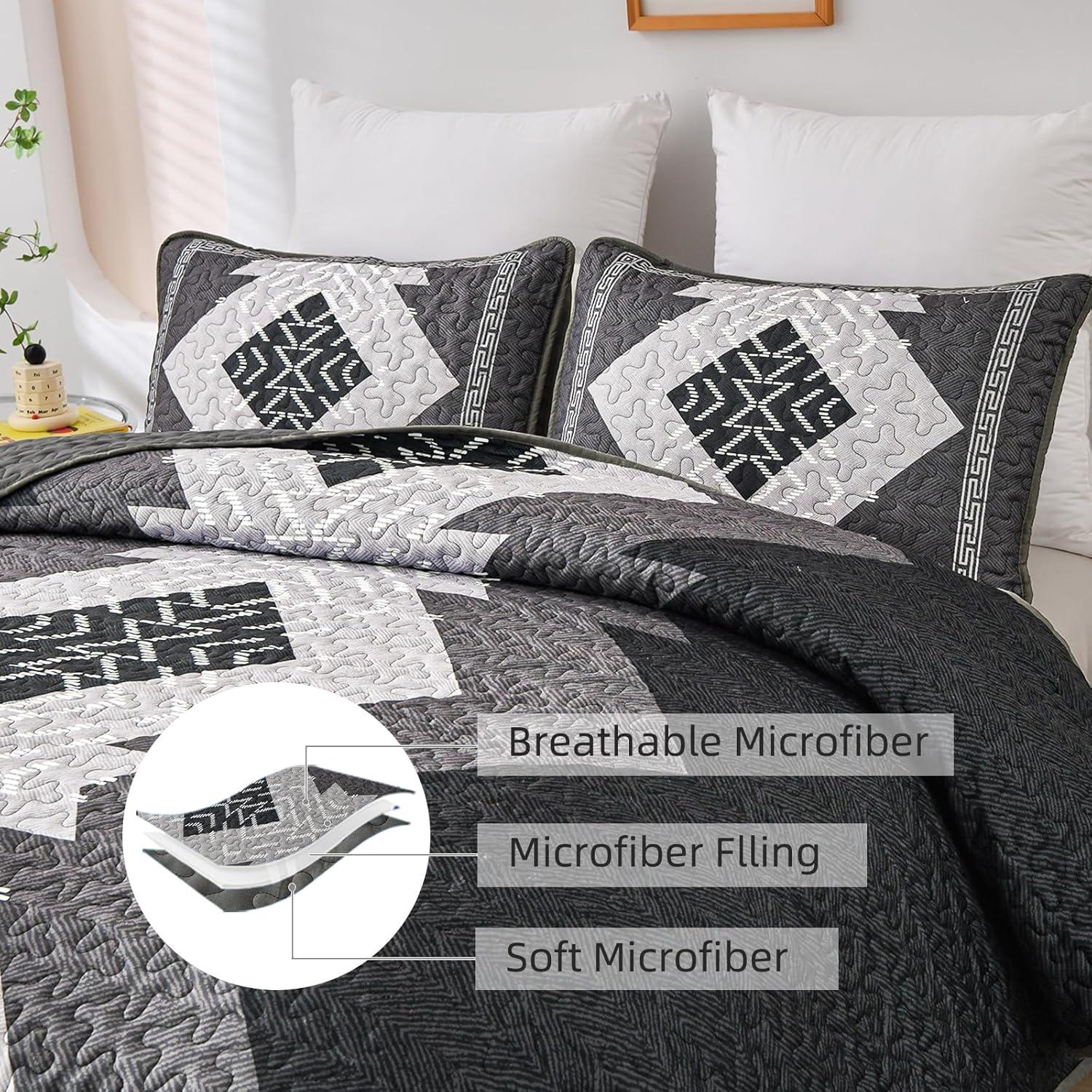 imageDintszyayue Boho Quilt Set King Size 3 Pieces Aztec Texture Bedspread Coverlet Set Bohemian Quilt Bedding Set Microfiber Lightweight Bed Cover for All Seasons Terracotta 90quot103quotBlack Grey