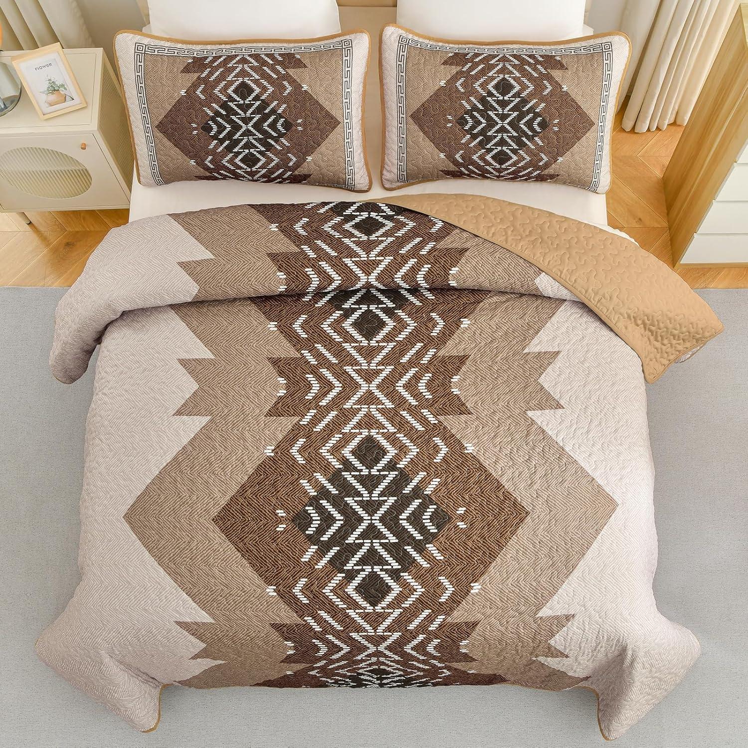 imageDintszyayue Boho Quilt Set King Size 3 Pieces Aztec Texture Bedspread Coverlet Set Bohemian Quilt Bedding Set Microfiber Lightweight Bed Cover for All Seasons Terracotta 90quot103quotBrown