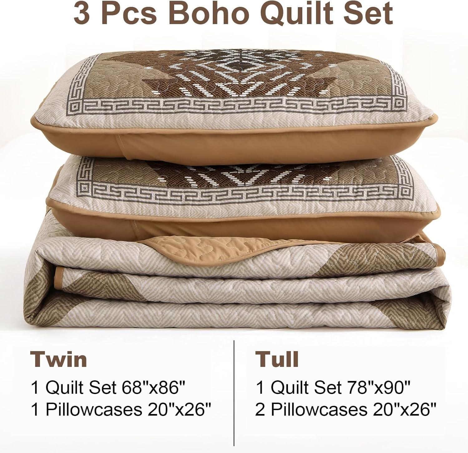 imageDintszyayue Boho Quilt Set King Size 3 Pieces Aztec Texture Bedspread Coverlet Set Bohemian Quilt Bedding Set Microfiber Lightweight Bed Cover for All Seasons Terracotta 90quot103quotBrown