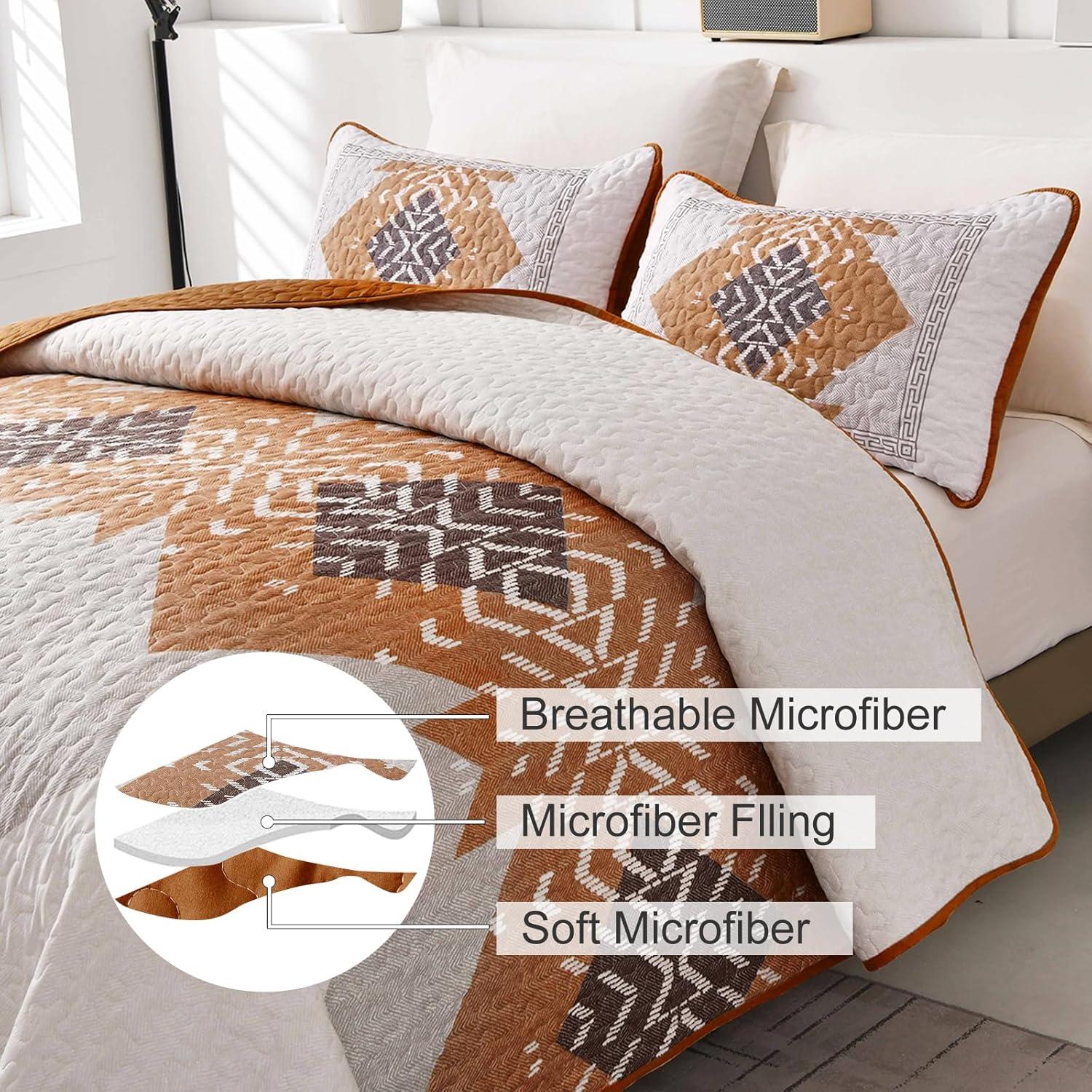 imageDintszyayue Boho Quilt Set King Size 3 Pieces Aztec Texture Bedspread Coverlet Set Bohemian Quilt Bedding Set Microfiber Lightweight Bed Cover for All Seasons Terracotta 90quot103quotTerracotta