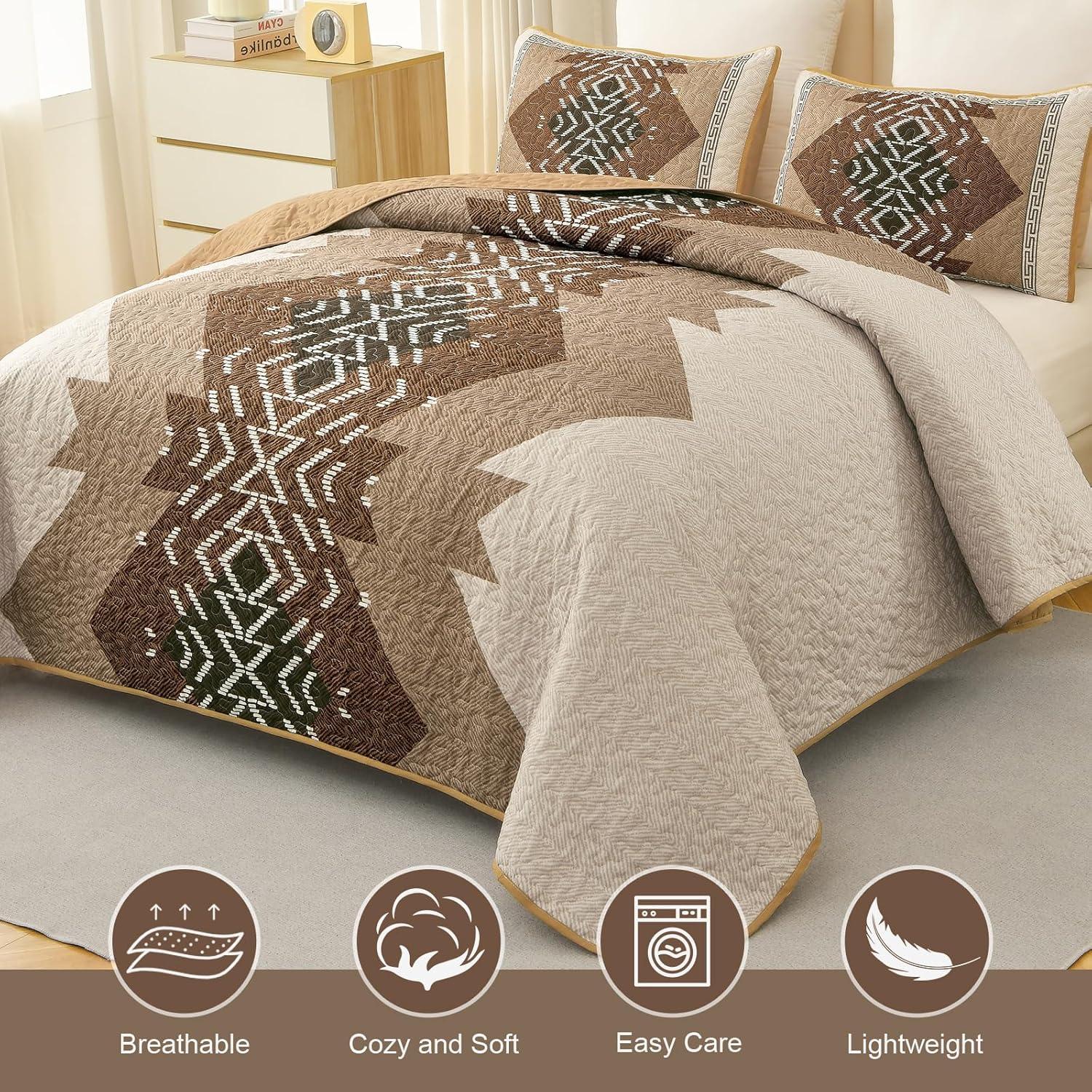 imageDintszyayue Boho Quilt Set King Size 3 Pieces Aztec Texture Bedspread Coverlet Set Bohemian Quilt Bedding Set Microfiber Lightweight Bed Cover for All Seasons Terracotta 90quot103quotBrown