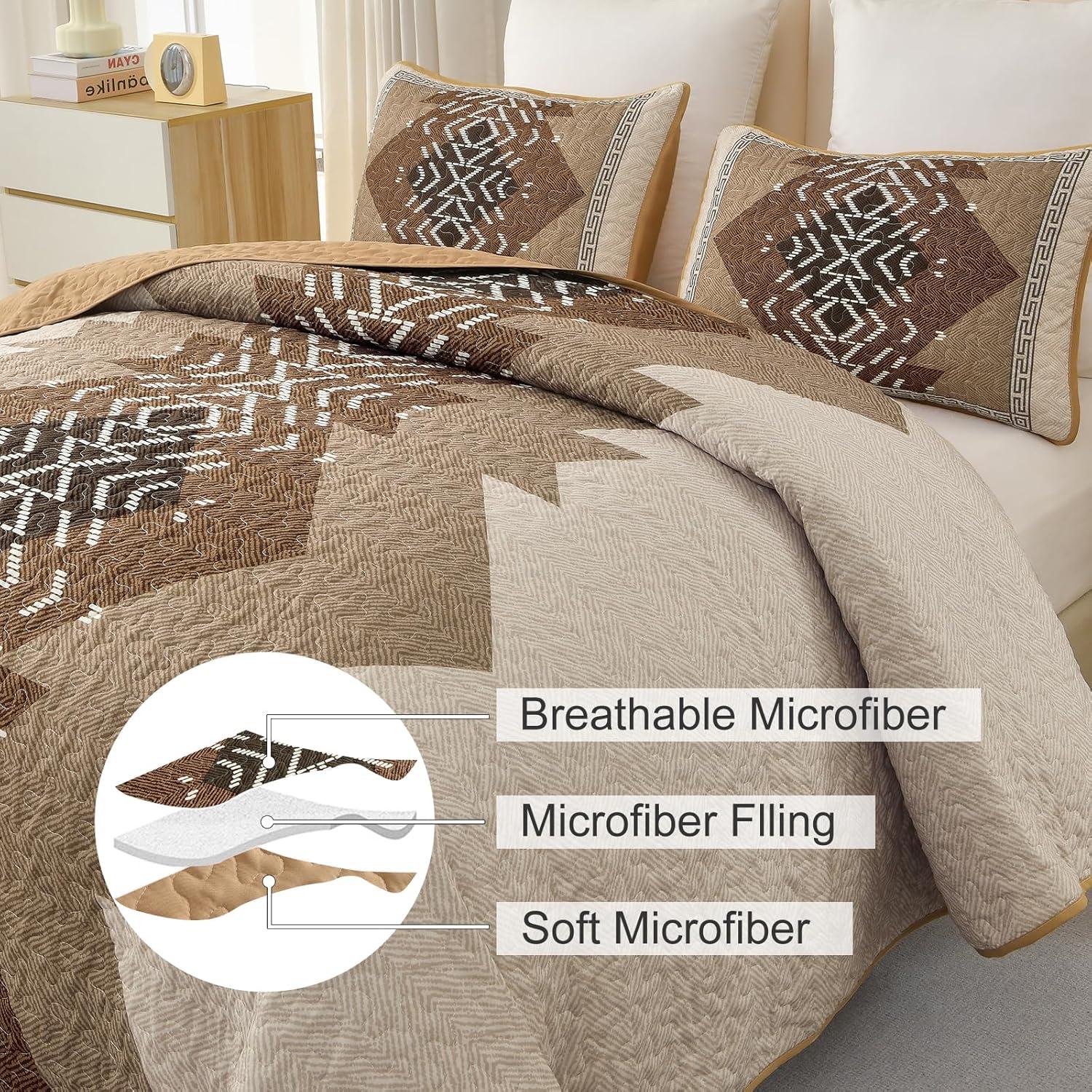 imageDintszyayue Boho Quilt Set King Size 3 Pieces Aztec Texture Bedspread Coverlet Set Bohemian Quilt Bedding Set Microfiber Lightweight Bed Cover for All Seasons Terracotta 90quot103quotBrown