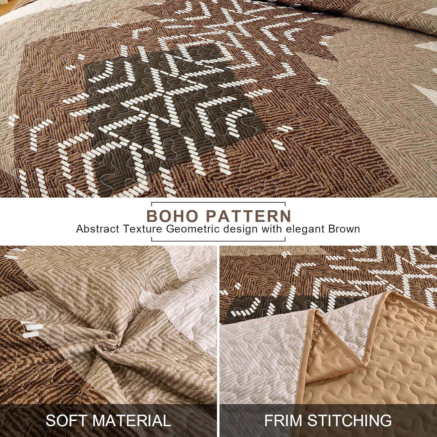 imageDintszyayue Boho Quilt Set King Size 3 Pieces Aztec Texture Bedspread Coverlet Set Bohemian Quilt Bedding Set Microfiber Lightweight Bed Cover for All Seasons Terracotta 90quot103quotBrown