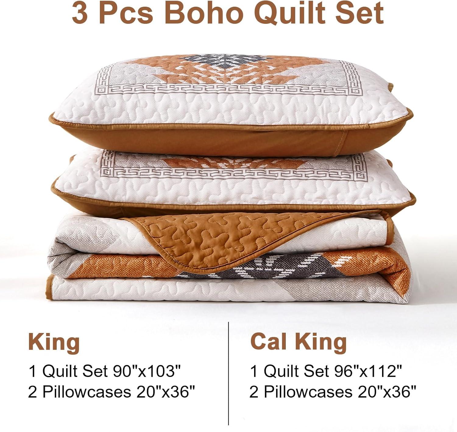 imageDintszyayue Boho Quilt Set King Size 3 Pieces Aztec Texture Bedspread Coverlet Set Bohemian Quilt Bedding Set Microfiber Lightweight Bed Cover for All Seasons Terracotta 90quot103quotTerracotta