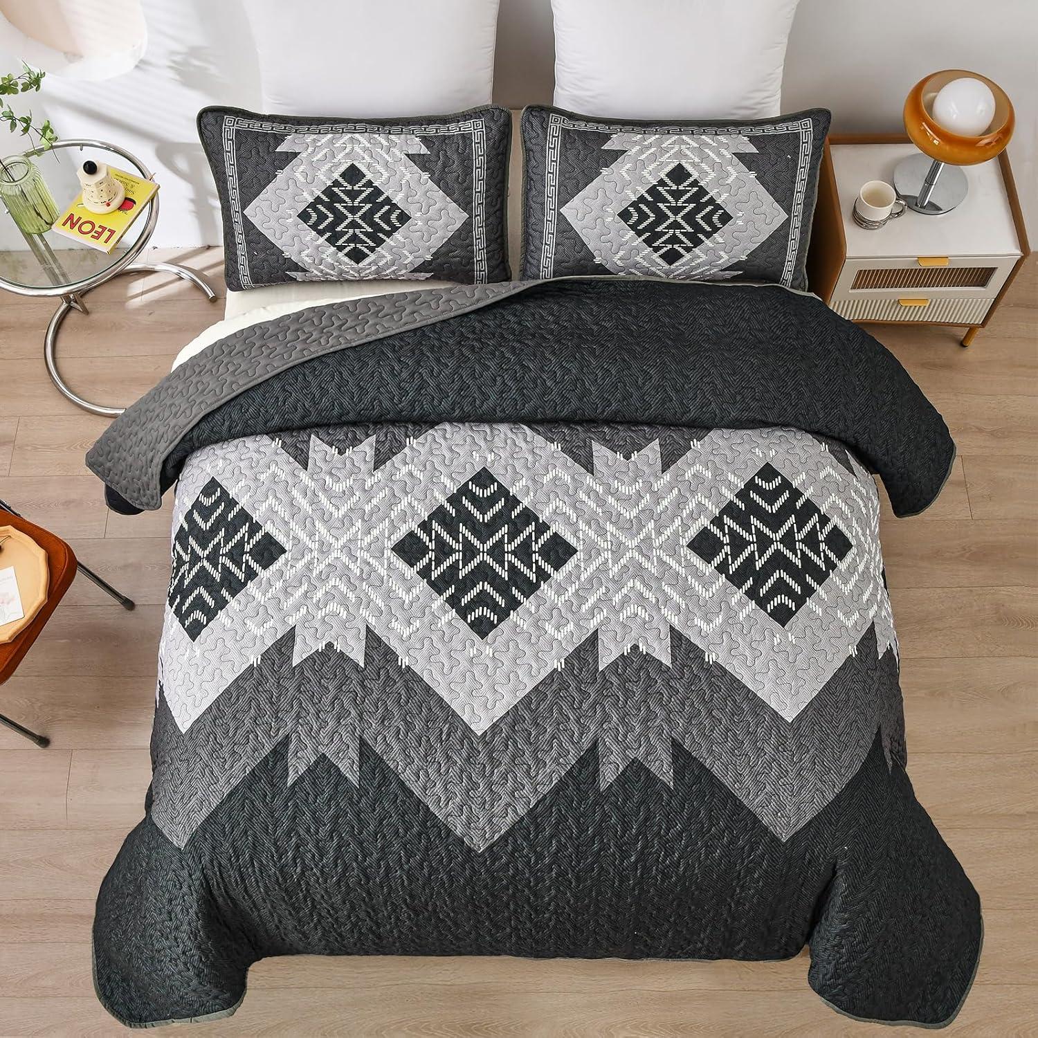 imageDintszyayue Boho Quilt Set King Size 3 Pieces Aztec Texture Bedspread Coverlet Set Bohemian Quilt Bedding Set Microfiber Lightweight Bed Cover for All Seasons Terracotta 90quot103quotBlack Grey