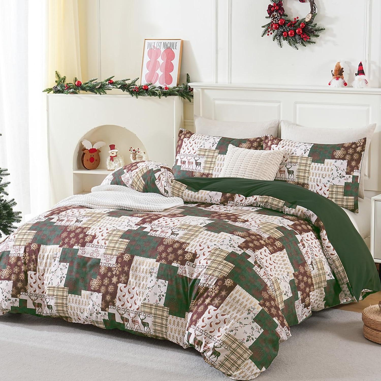 imageDintszyayue Green Christmas Duvet Cover Queen Size 3 Pieces Nutcracker Christmas Trees Reversible Comforter Cover with Zipper Closure New Year Holiday Bedding Set Decorative Not ComforterGreen
