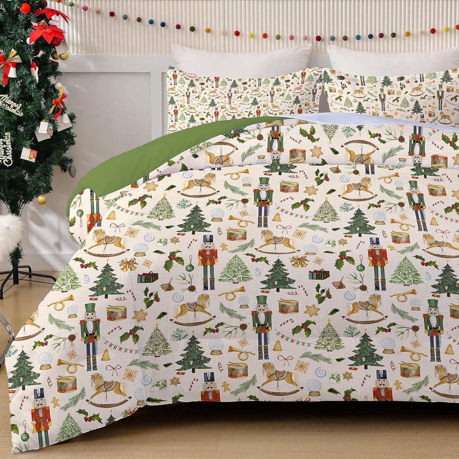 imageDintszyayue Green Christmas Duvet Cover Queen Size 3 Pieces Nutcracker Christmas Trees Reversible Comforter Cover with Zipper Closure New Year Holiday Bedding Set Decorative Not ComforterChristmas Tree