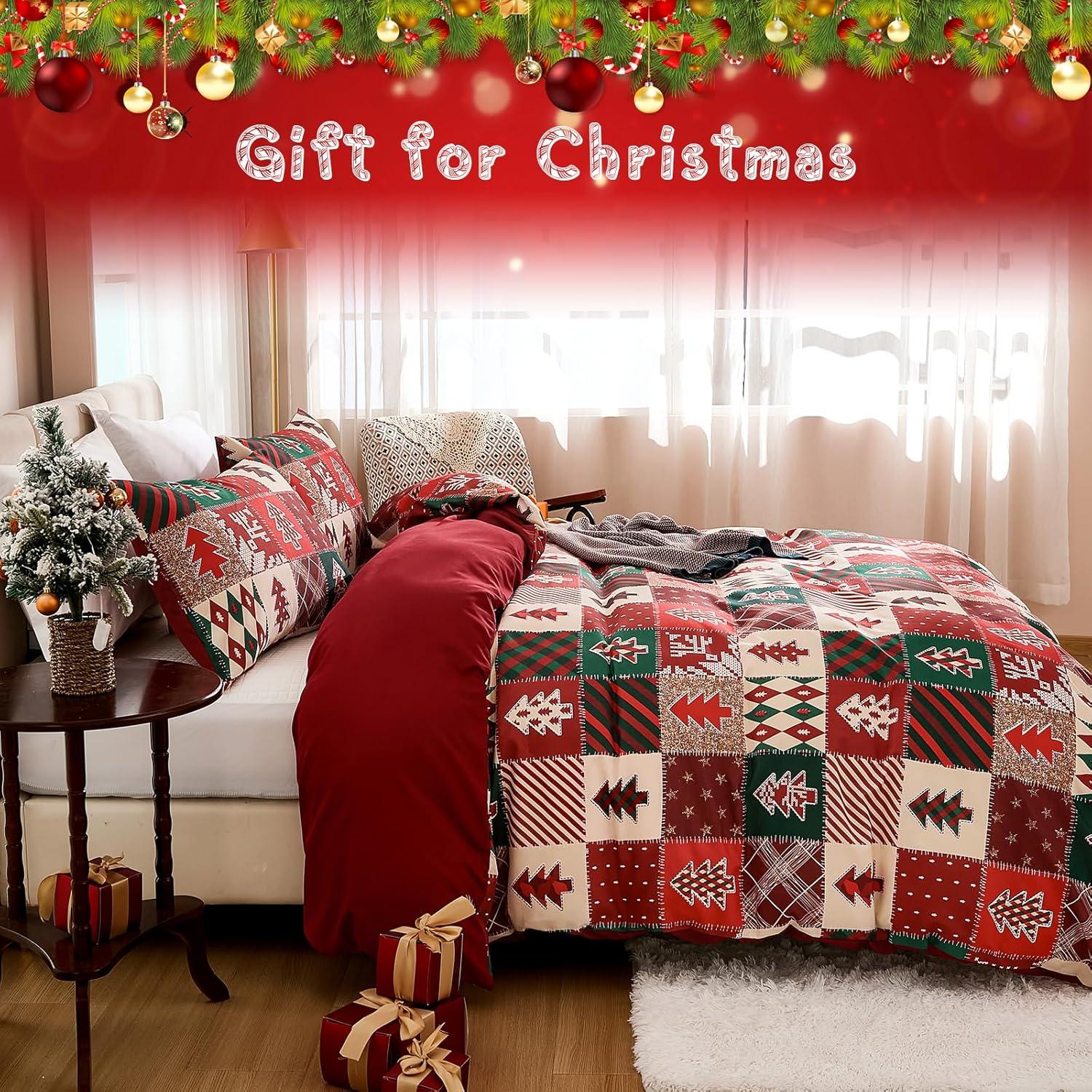 imageDintszyayue Green Christmas Duvet Cover Queen Size 3 Pieces Nutcracker Christmas Trees Reversible Comforter Cover with Zipper Closure New Year Holiday Bedding Set Decorative Not ComforterRed