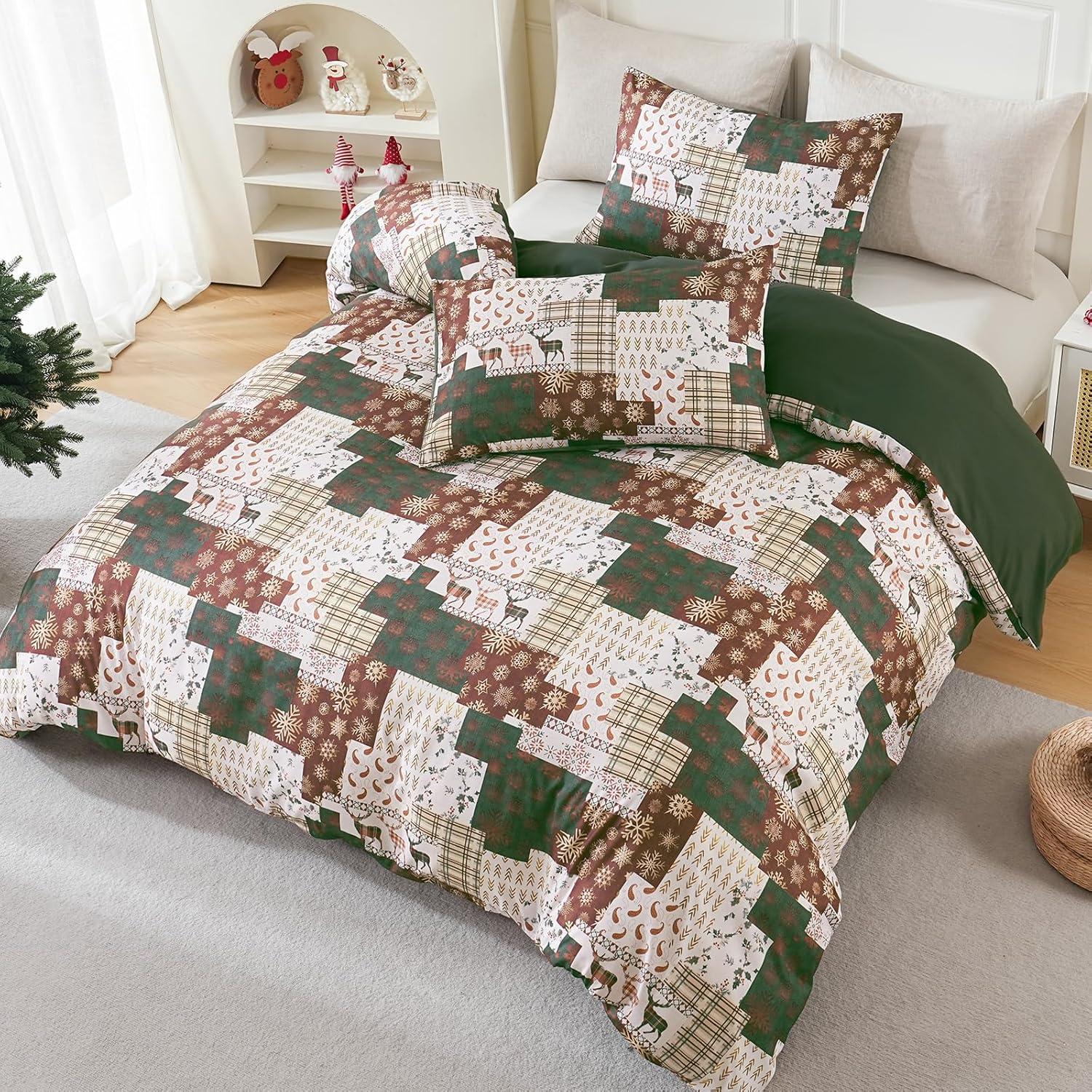 imageDintszyayue Green Christmas Duvet Cover Queen Size 3 Pieces Nutcracker Christmas Trees Reversible Comforter Cover with Zipper Closure New Year Holiday Bedding Set Decorative Not ComforterGreen
