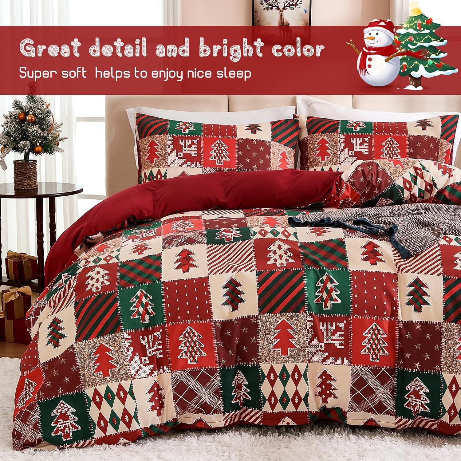 imageDintszyayue Green Christmas Duvet Cover Queen Size 3 Pieces Nutcracker Christmas Trees Reversible Comforter Cover with Zipper Closure New Year Holiday Bedding Set Decorative Not ComforterRed