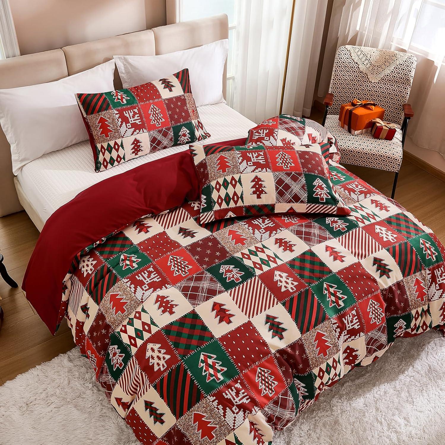 imageDintszyayue Green Christmas Duvet Cover Queen Size 3 Pieces Nutcracker Christmas Trees Reversible Comforter Cover with Zipper Closure New Year Holiday Bedding Set Decorative Not ComforterRed