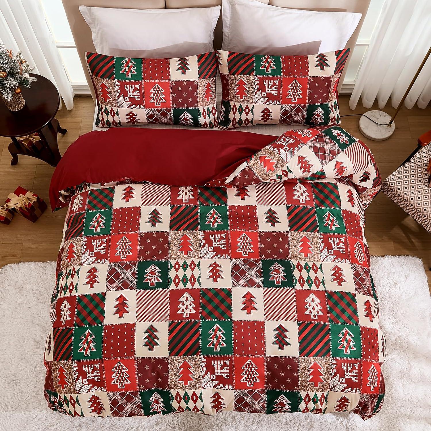 imageDintszyayue Green Christmas Duvet Cover Queen Size 3 Pieces Nutcracker Christmas Trees Reversible Comforter Cover with Zipper Closure New Year Holiday Bedding Set Decorative Not ComforterRed