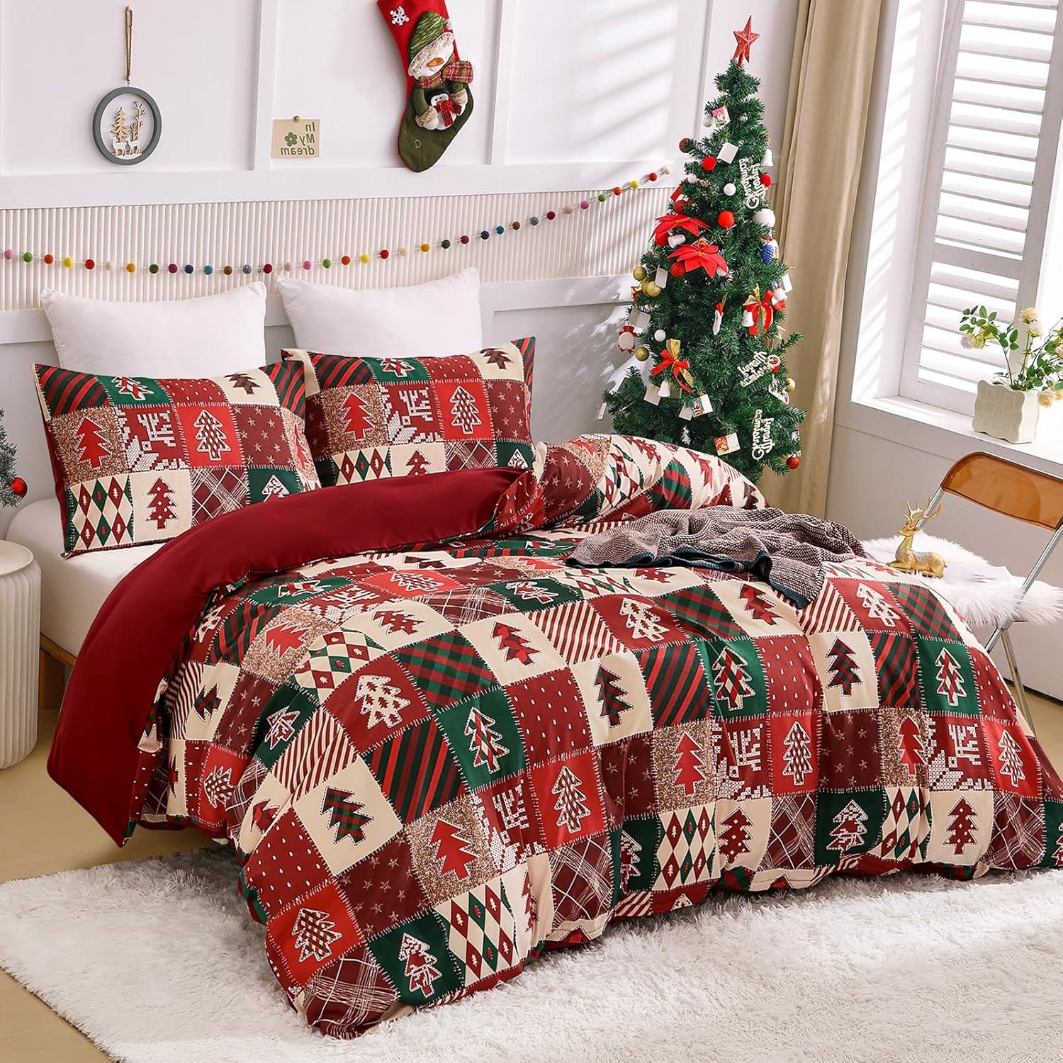 imageDintszyayue Green Christmas Duvet Cover Queen Size 3 Pieces Nutcracker Christmas Trees Reversible Comforter Cover with Zipper Closure New Year Holiday Bedding Set Decorative Not ComforterRed
