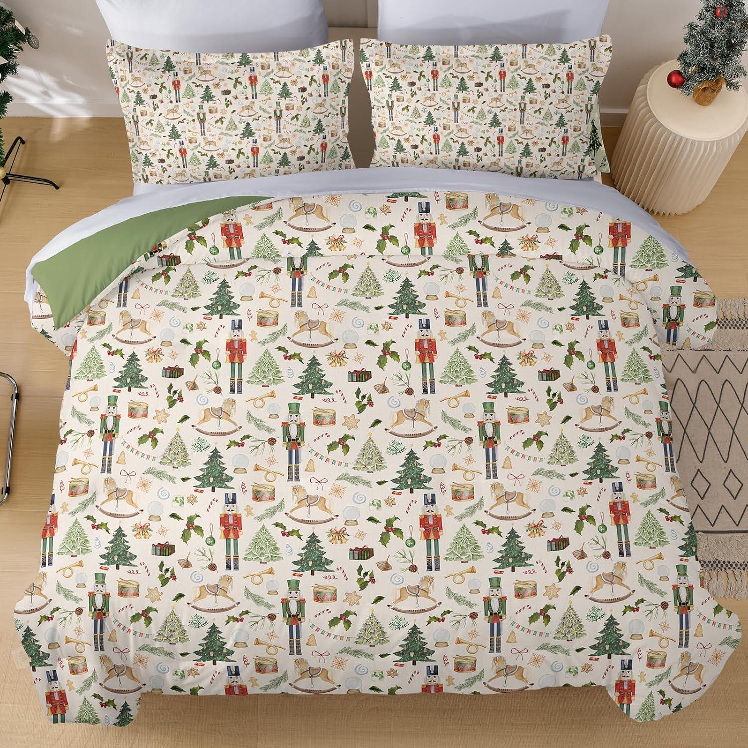 imageDintszyayue Green Christmas Duvet Cover Queen Size 3 Pieces Nutcracker Christmas Trees Reversible Comforter Cover with Zipper Closure New Year Holiday Bedding Set Decorative Not ComforterChristmas Tree