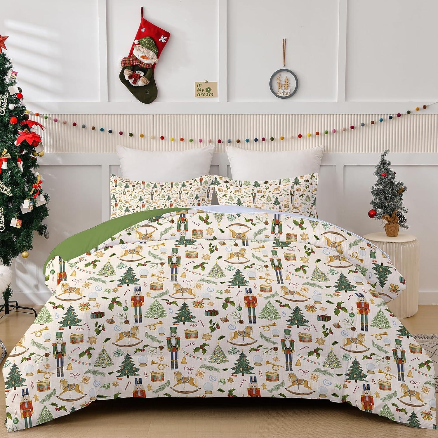 imageDintszyayue Green Christmas Duvet Cover Queen Size 3 Pieces Nutcracker Christmas Trees Reversible Comforter Cover with Zipper Closure New Year Holiday Bedding Set Decorative Not ComforterChristmas Tree