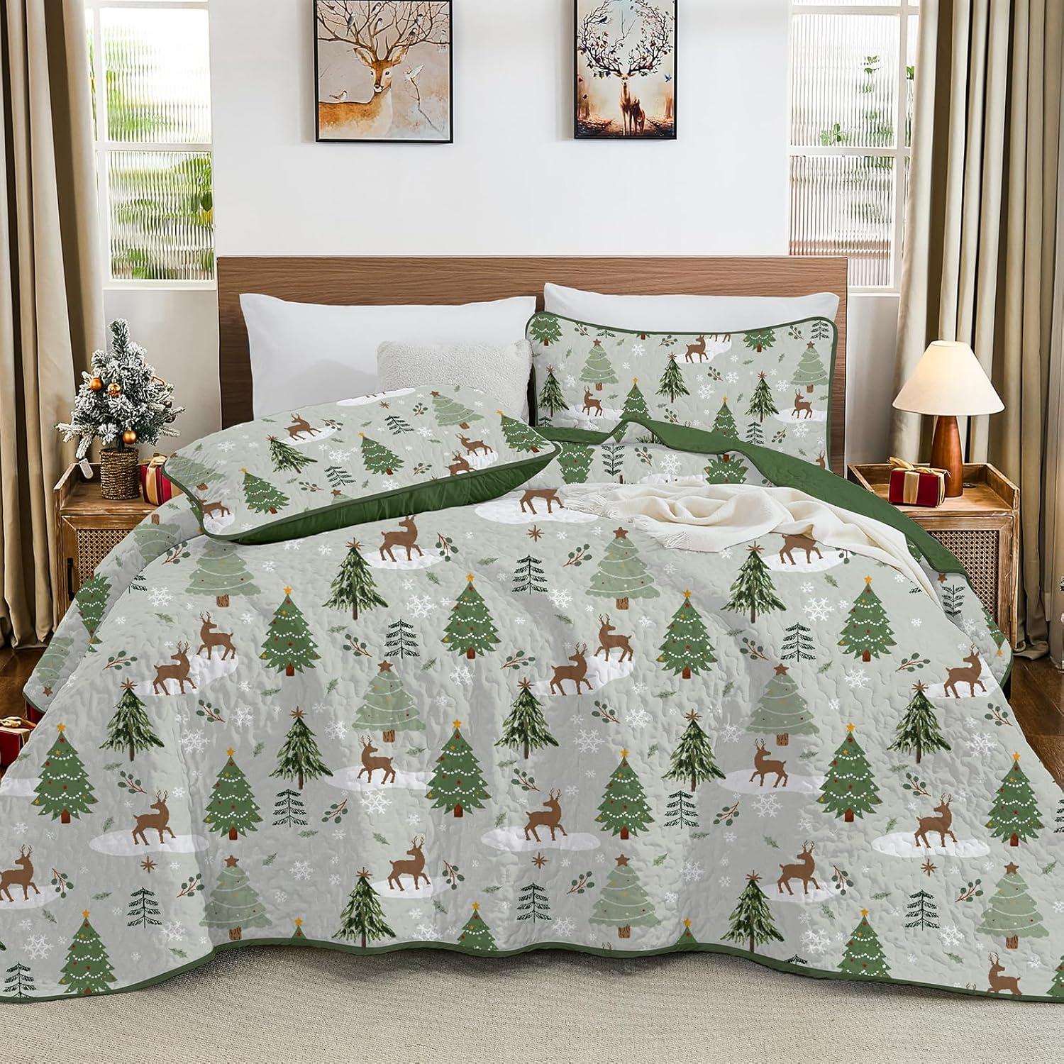 imageDintszyayue King Christmas Quilt 3 Pieces Patchwork Plaid King Size Bedspread Red Green Christmas Tree Printed Soft Microfiber Winter Holiday Coverlet Bedding SetsChristmas Tree
