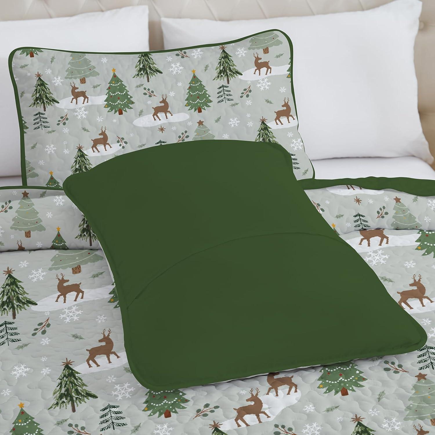 imageDintszyayue King Christmas Quilt 3 Pieces Patchwork Plaid King Size Bedspread Red Green Christmas Tree Printed Soft Microfiber Winter Holiday Coverlet Bedding SetsChristmas Tree